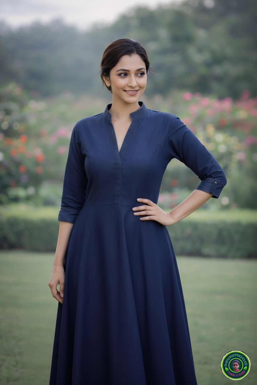 Elegant Indigo Soft Denim. Indo.Western maxi. Gown with Mandarin Collar & Princess Cut