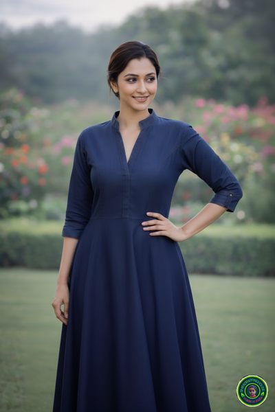 Elegant Indigo Soft Denim. Indo.Western maxi. Gown with Mandarin Collar & Princess Cut