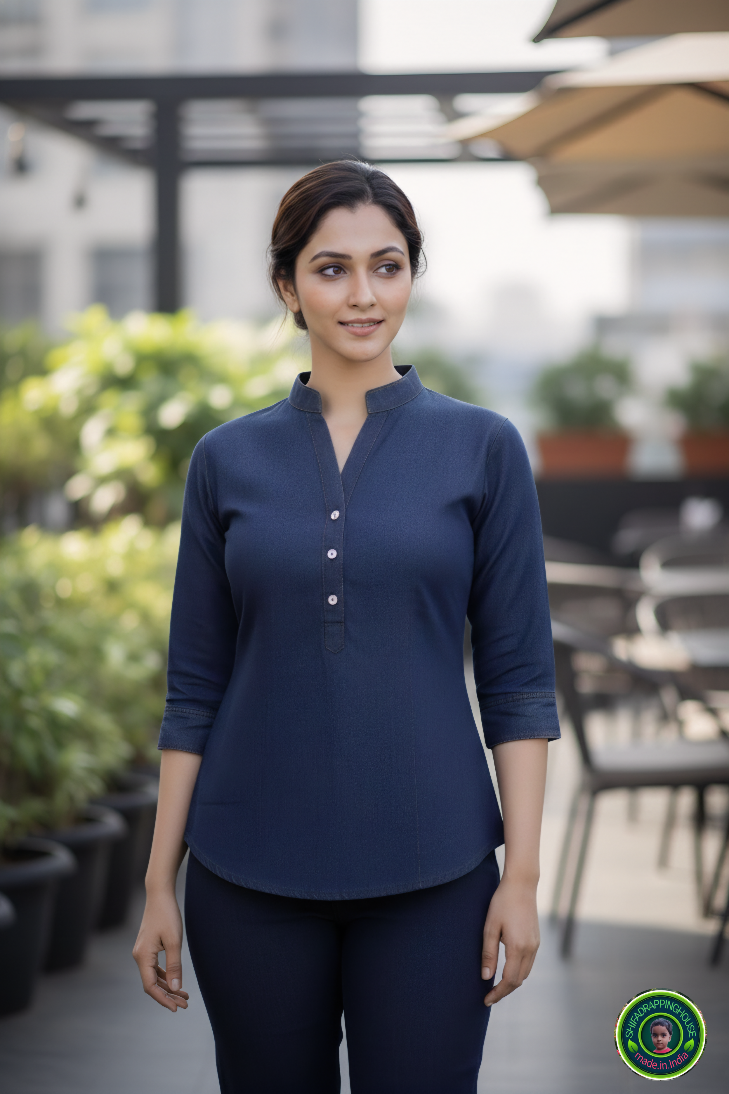 Chic V-Neck Denim Tunic with Apple Round Hem & Mandarin Collar