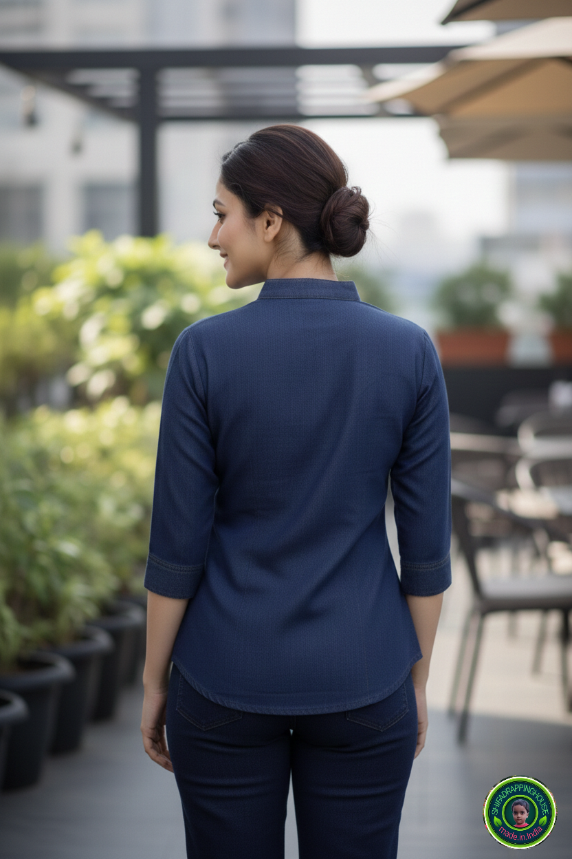 Chic V-Neck Denim Tunic with Apple Round Hem & Mandarin Collar