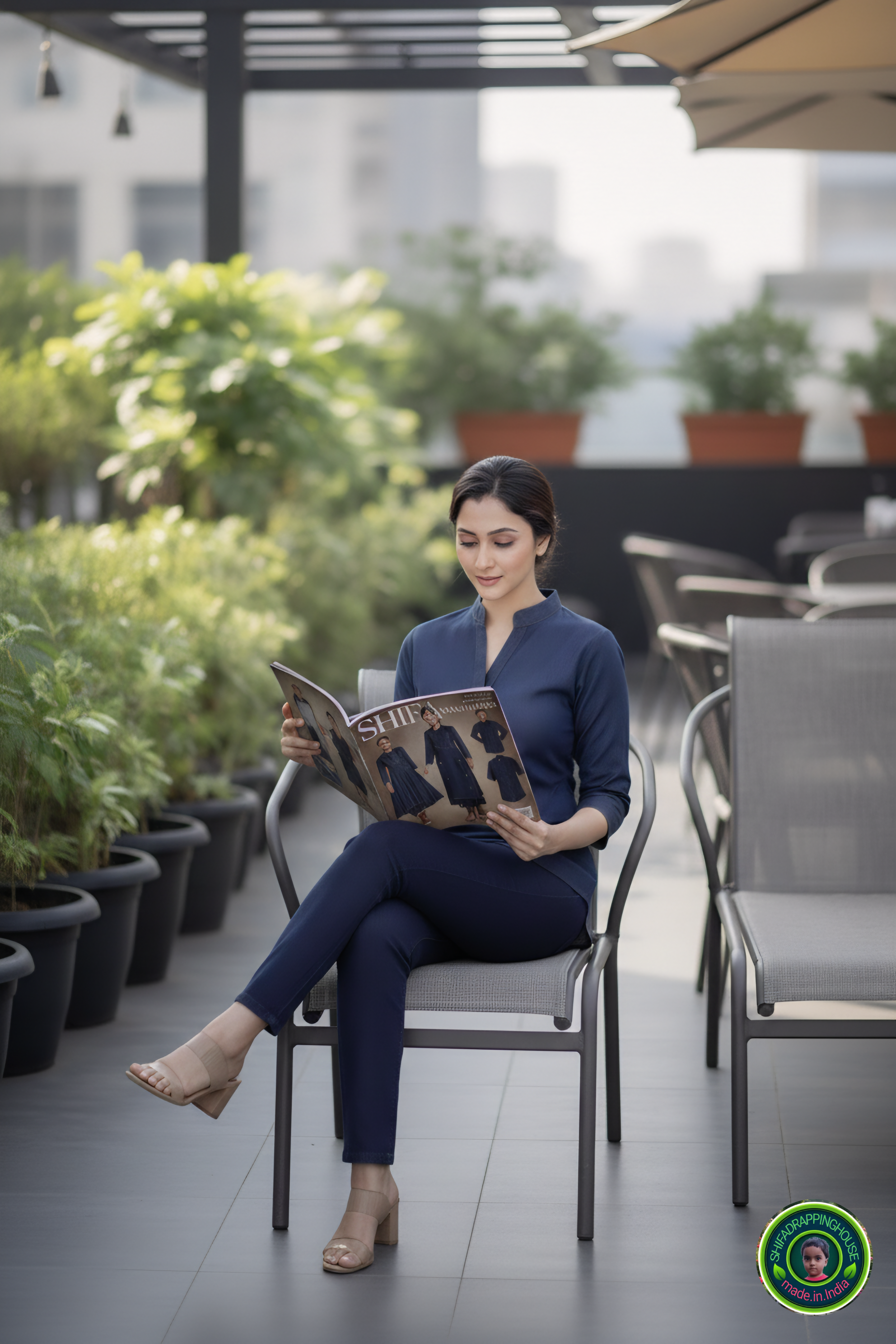 Chic V-Neck Denim Tunic with Apple Round Hem & Mandarin Collar