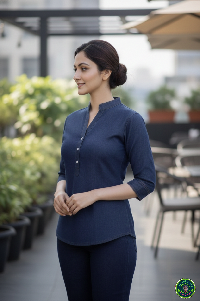 Chic V-Neck Denim Tunic with Apple Round Hem & Mandarin Collar