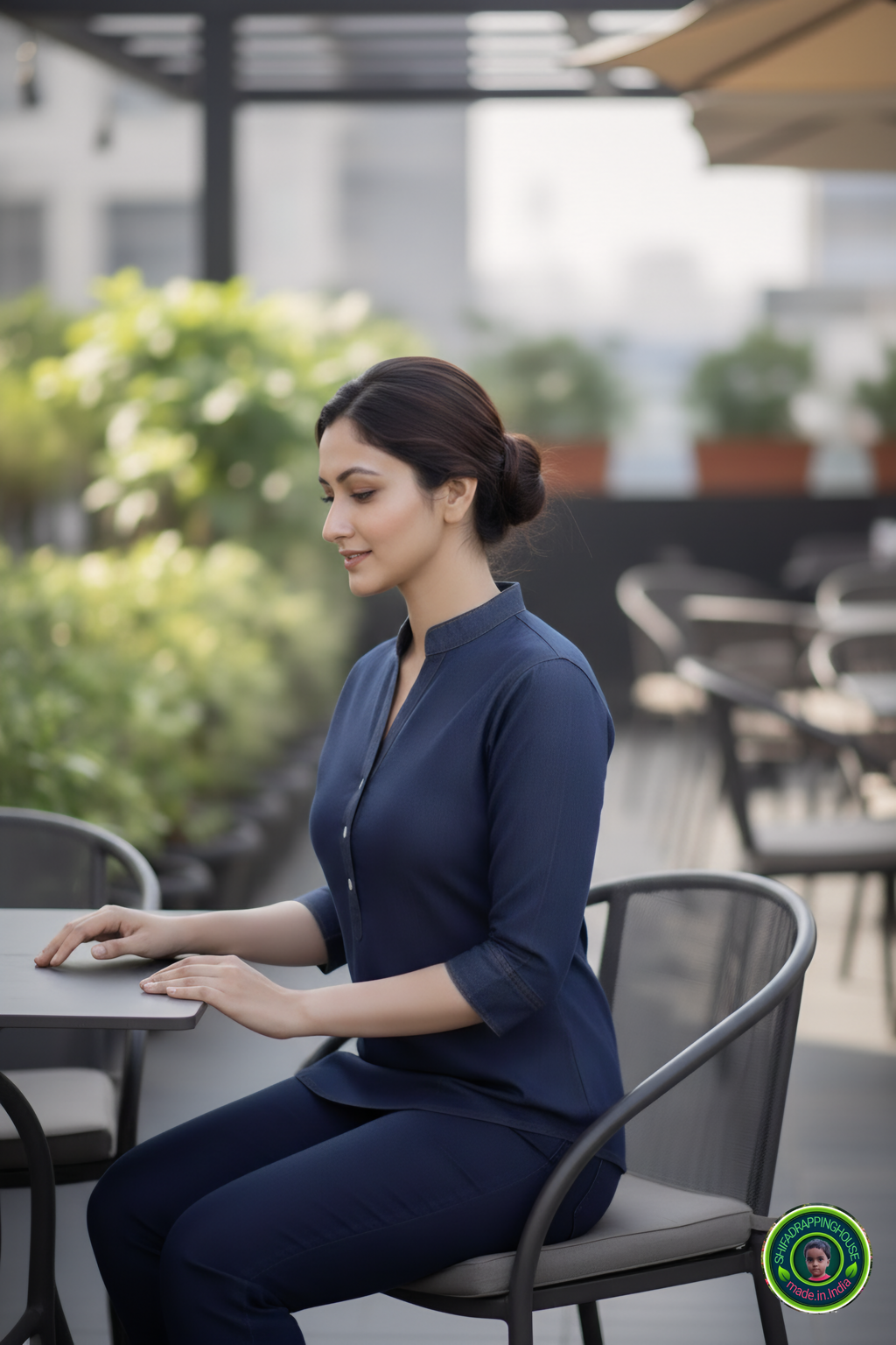 Chic V-Neck Denim Tunic with Apple Round Hem & Mandarin Collar