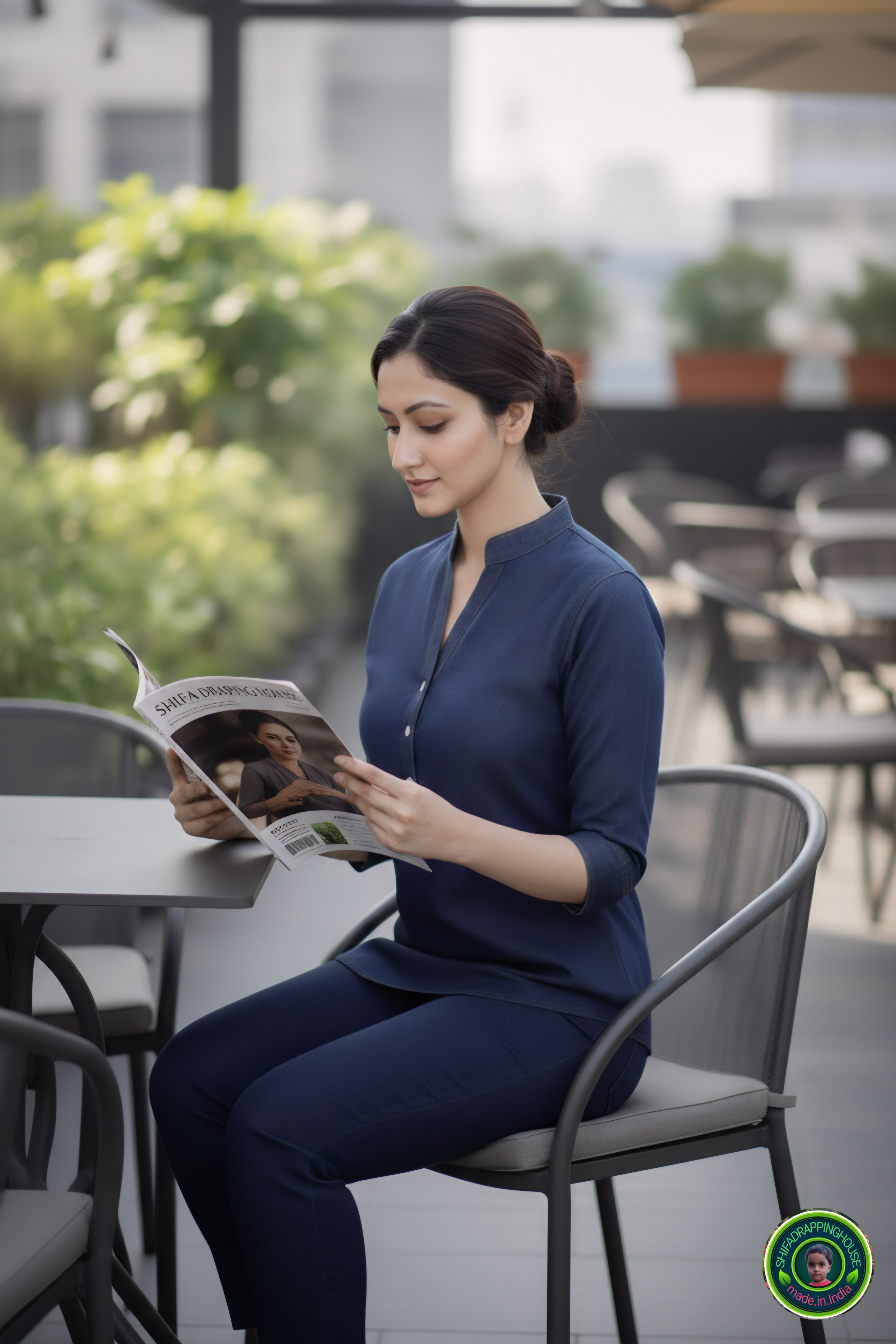Chic V-Neck Denim Tunic with Apple Round Hem & Mandarin Collar