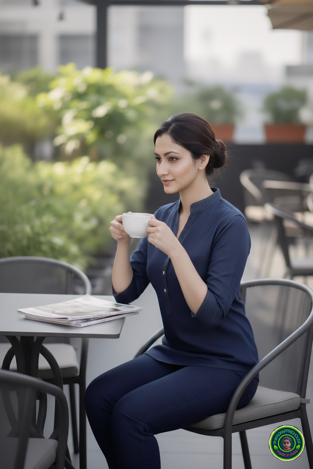 Chic V-Neck Denim Tunic with Apple Round Hem & Mandarin Collar