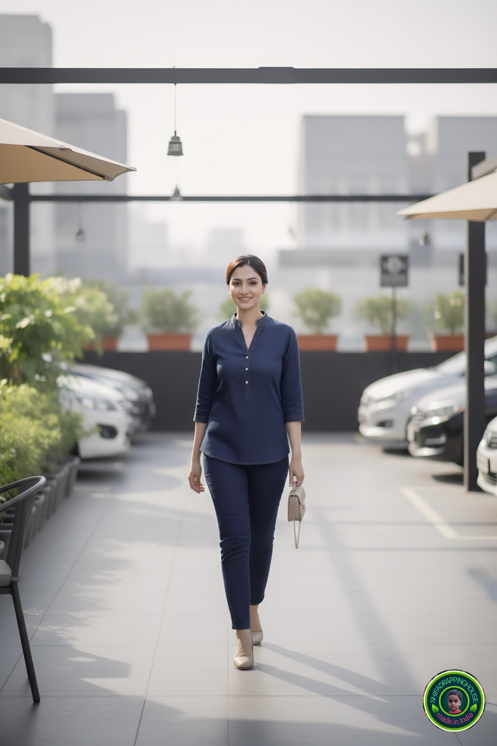 Chic V-Neck Denim Tunic with Apple Round Hem & Mandarin Collar