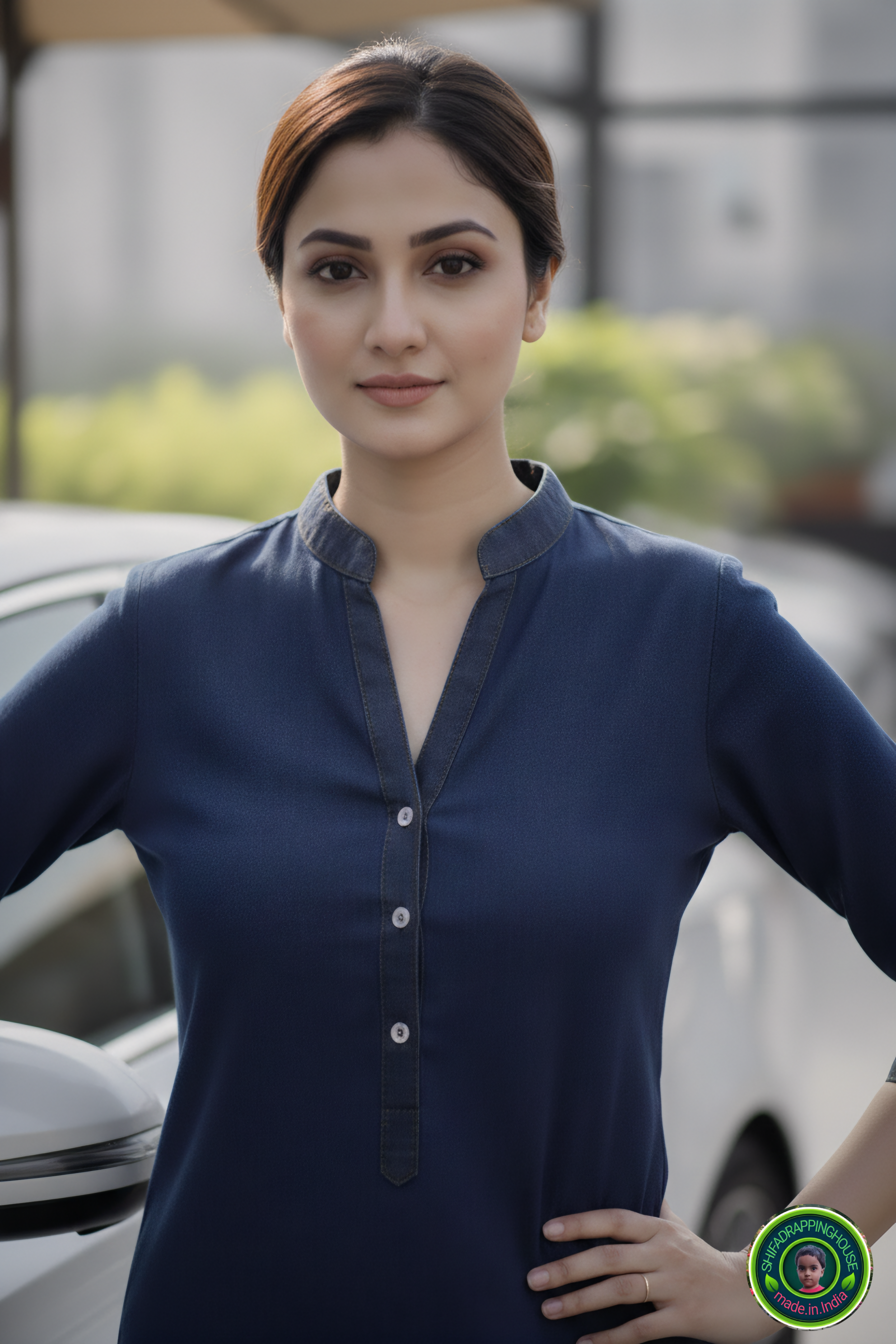 Chic V-Neck Denim Tunic with Apple Round Hem & Mandarin Collar