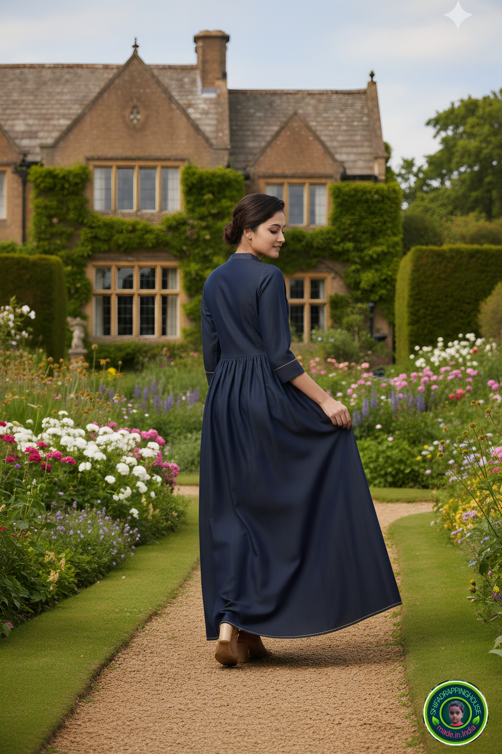 Trendy New-Gen Denim Indo-Western Gown with Gold Piping & Wooden Accents