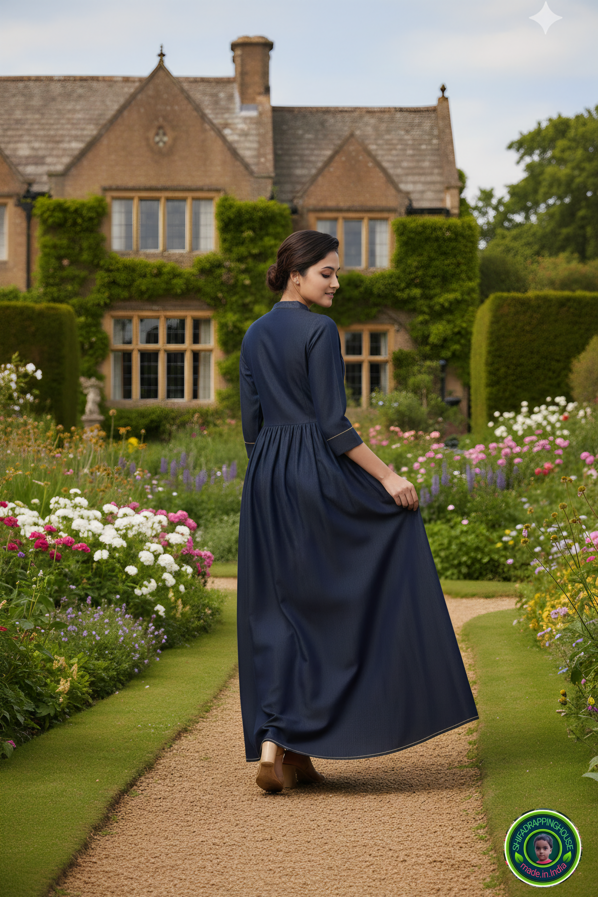 Trendy New-Gen Denim Indo-Western Gown with Gold Piping & Wooden Accents