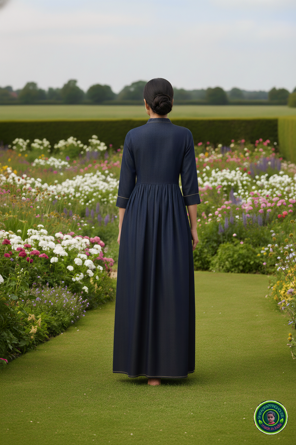 Trendy New-Gen Denim Indo-Western Gown with Gold Piping & Wooden Accents