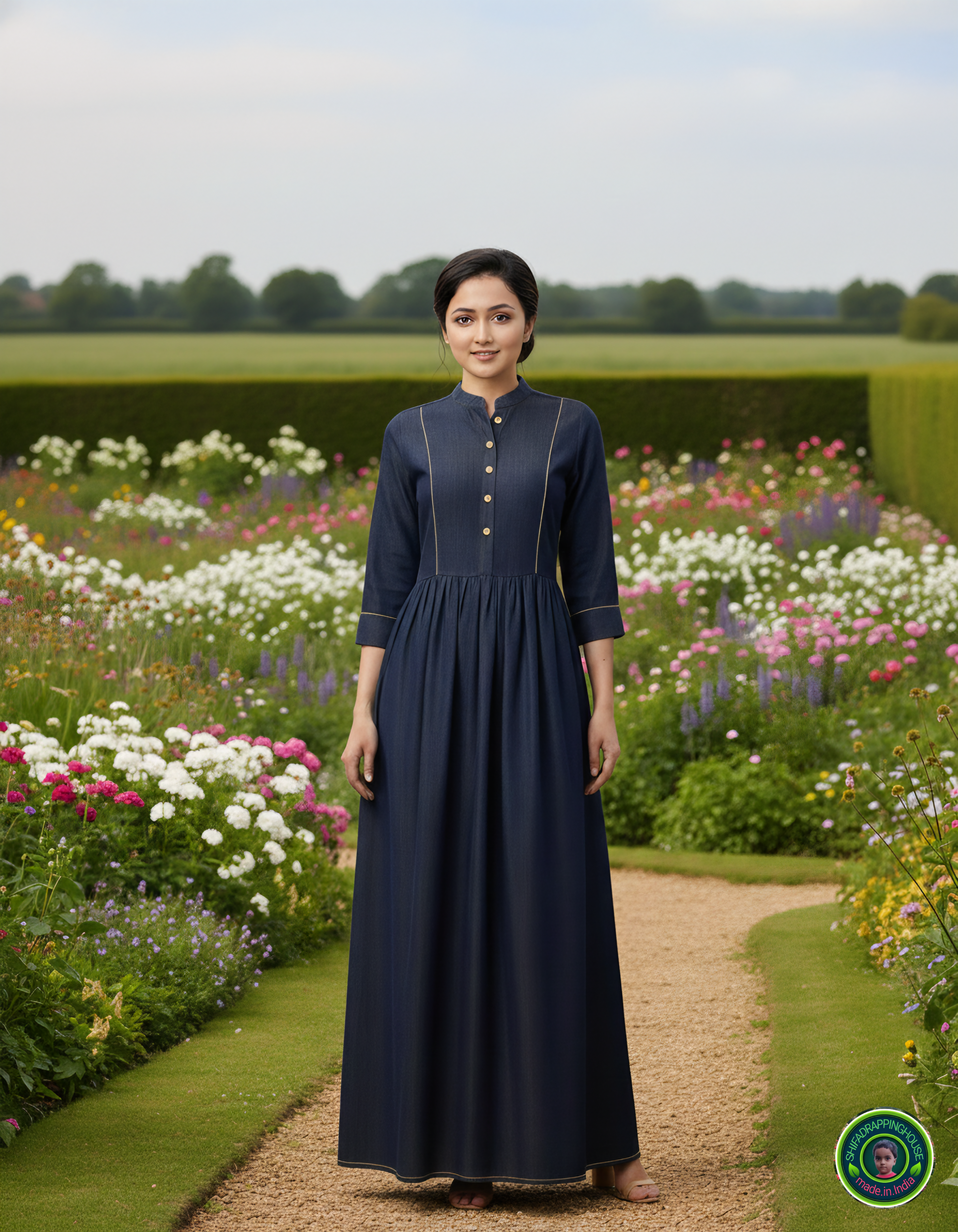 Trendy New-Gen Denim Indo-Western Gown with Gold Piping & Wooden Accents