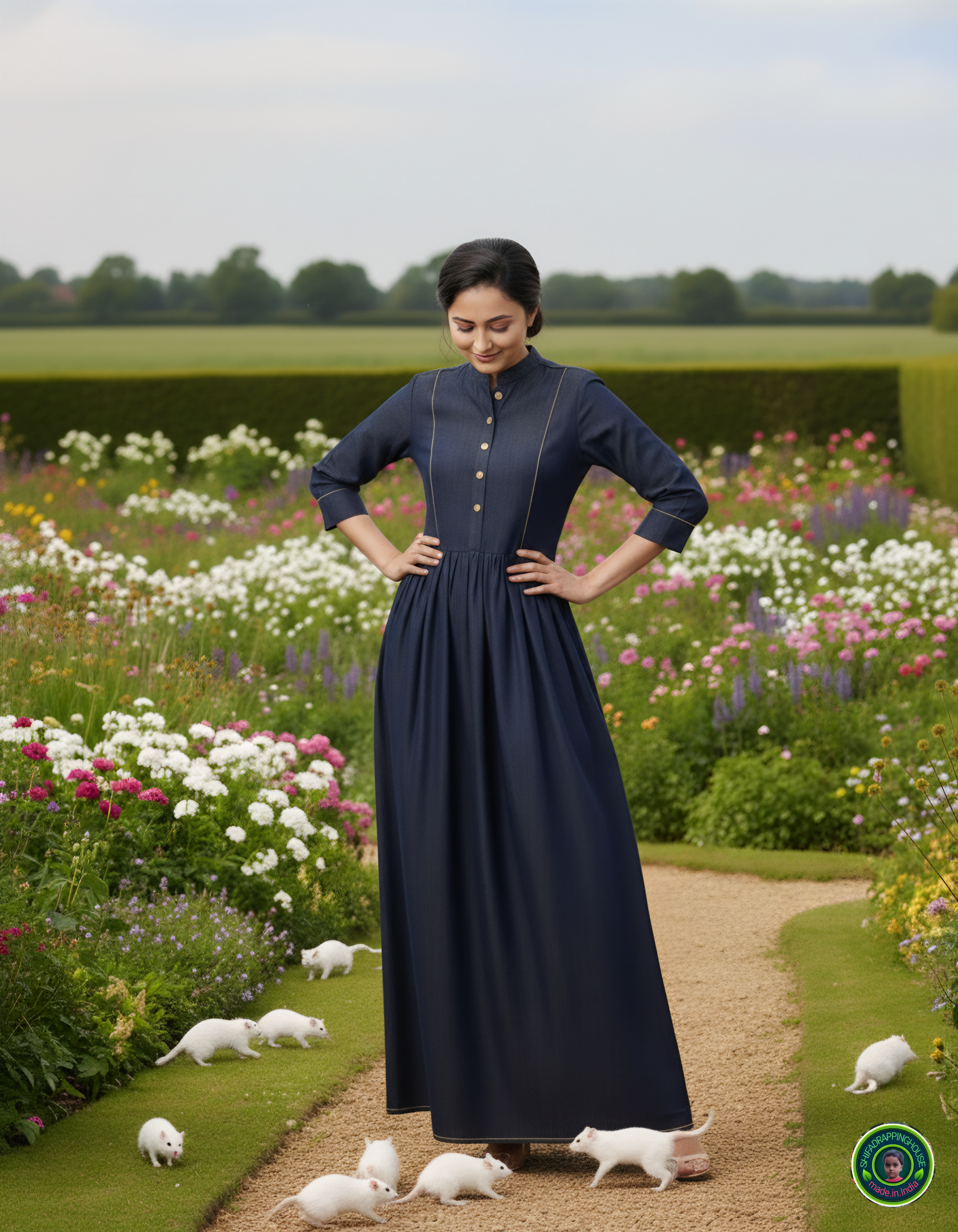 Trendy New-Gen Denim Indo-Western Gown with Gold Piping & Wooden Accents