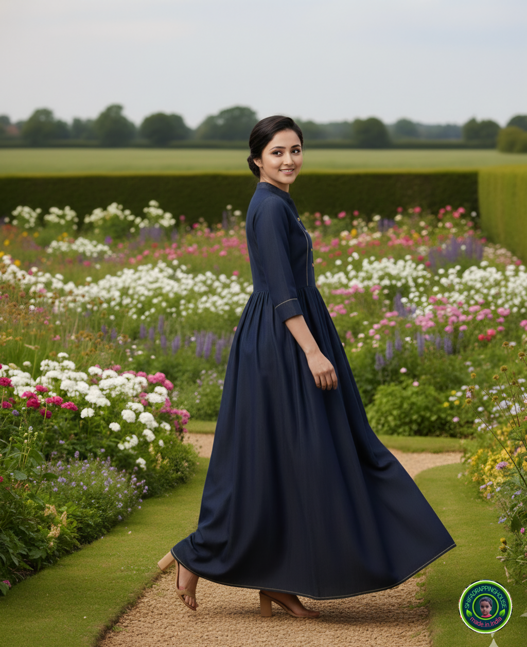 Trendy New-Gen Denim Indo-Western Gown with Gold Piping & Wooden Accents