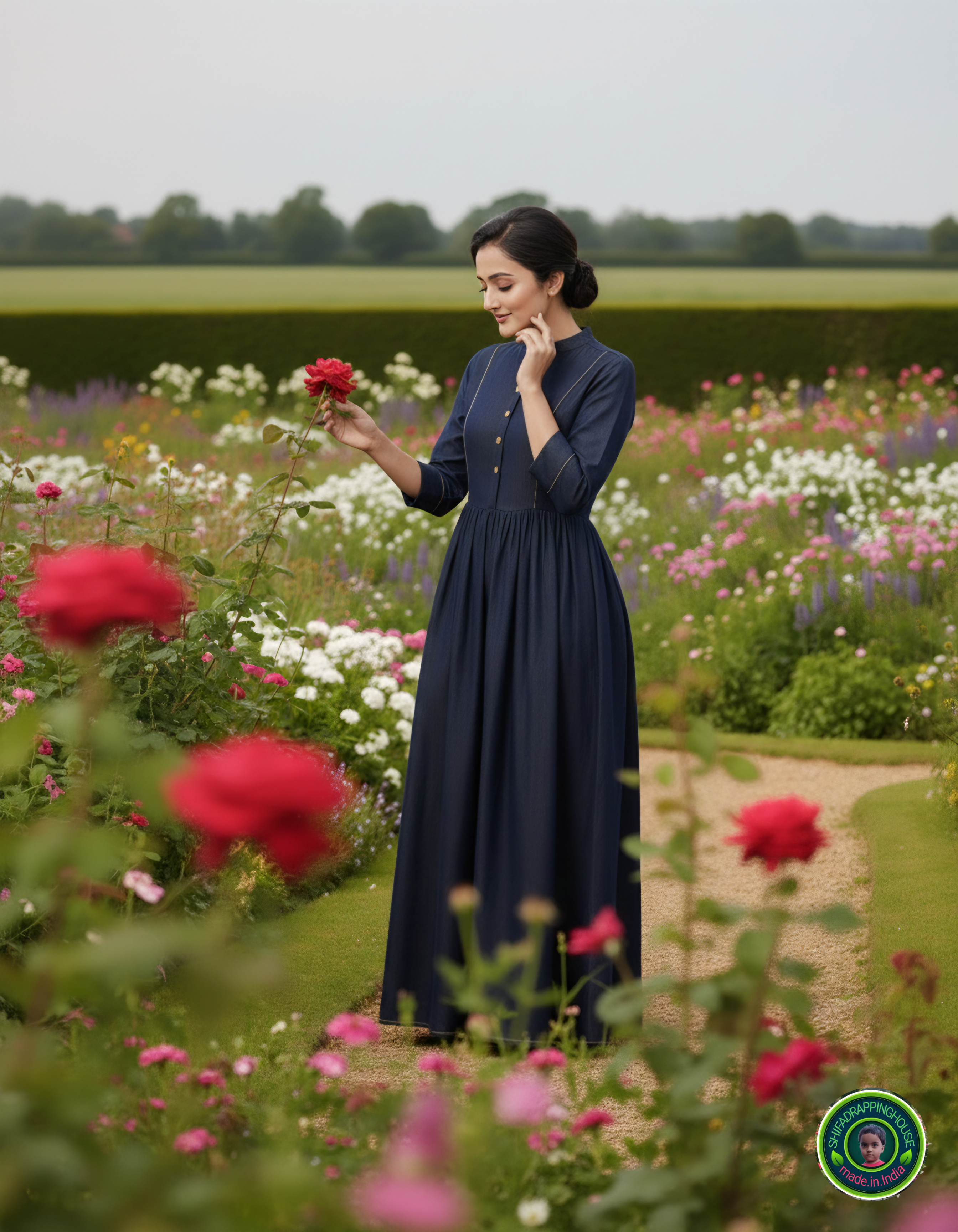 Trendy New-Gen Denim Indo-Western Gown with Gold Piping & Wooden Accents