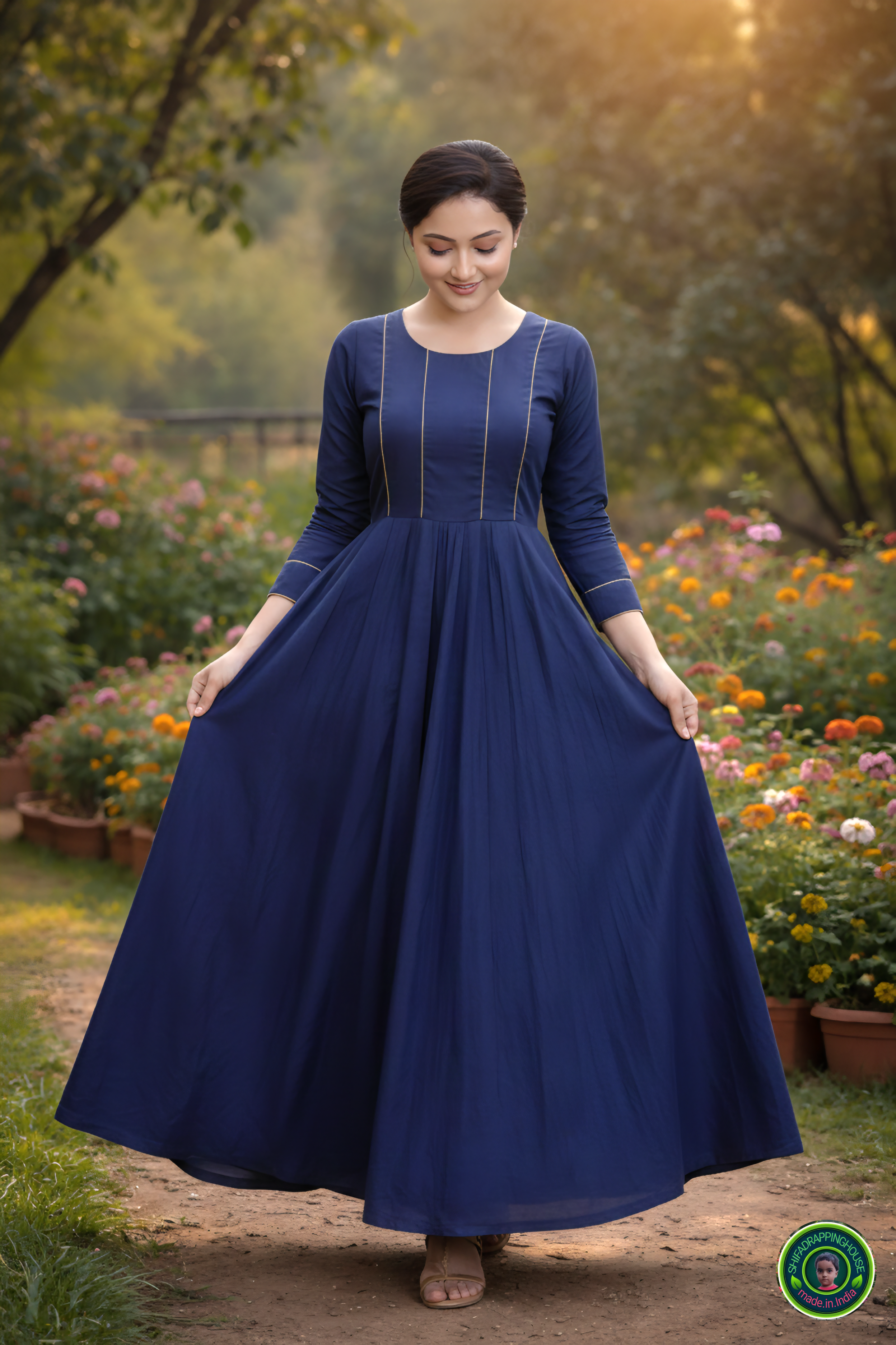 Elegant Indigo Denim Maxi Gown – Minimalist Princes Line Design with Gold Piping