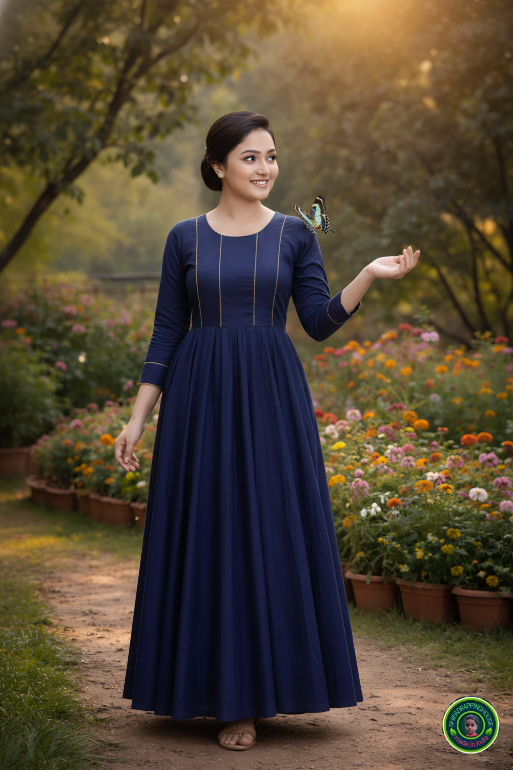 Elegant Indigo Denim Maxi Gown – Minimalist Princes Line Design with Gold Piping