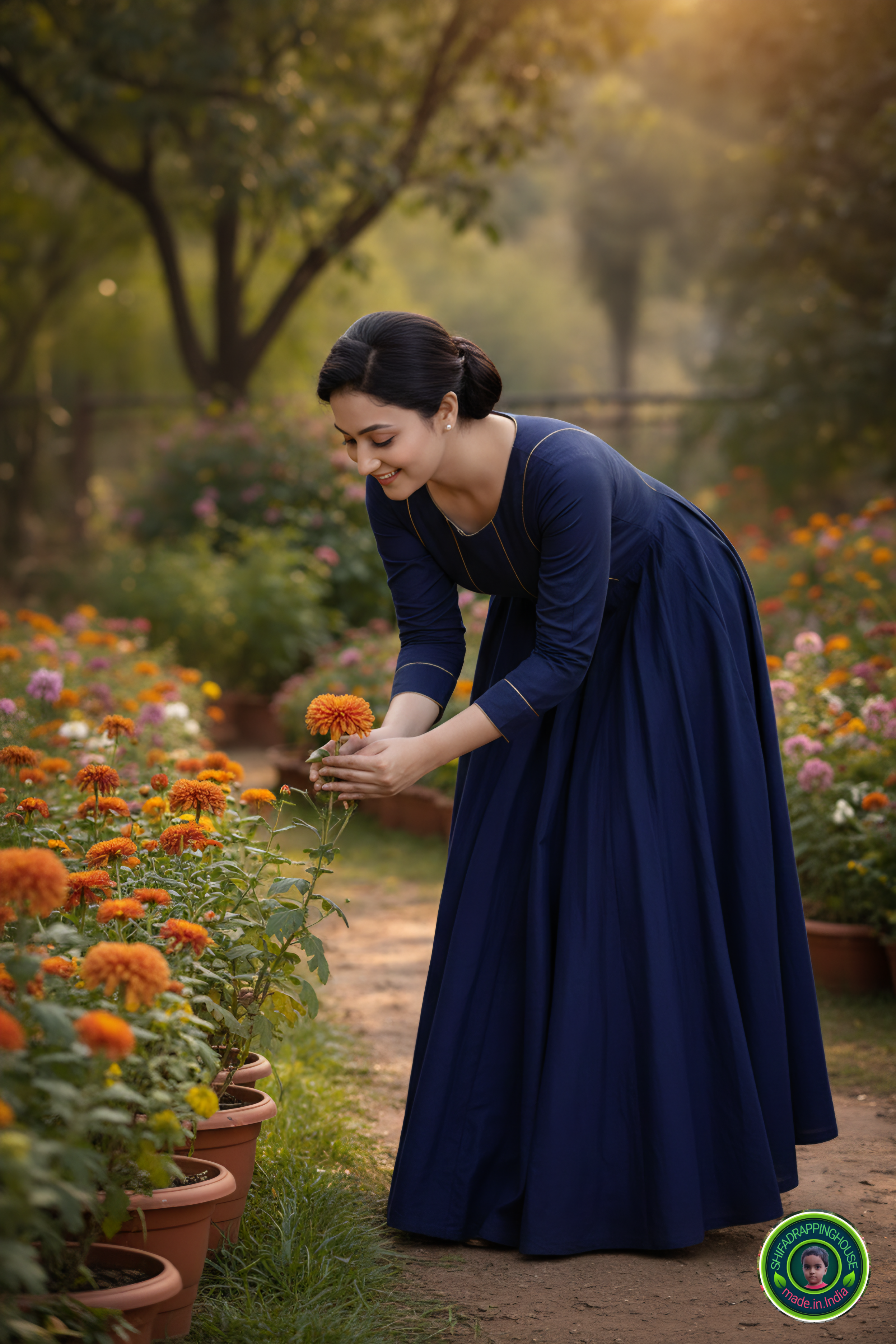Elegant Indigo Denim Maxi Gown – Minimalist Princes Line Design with Gold Piping