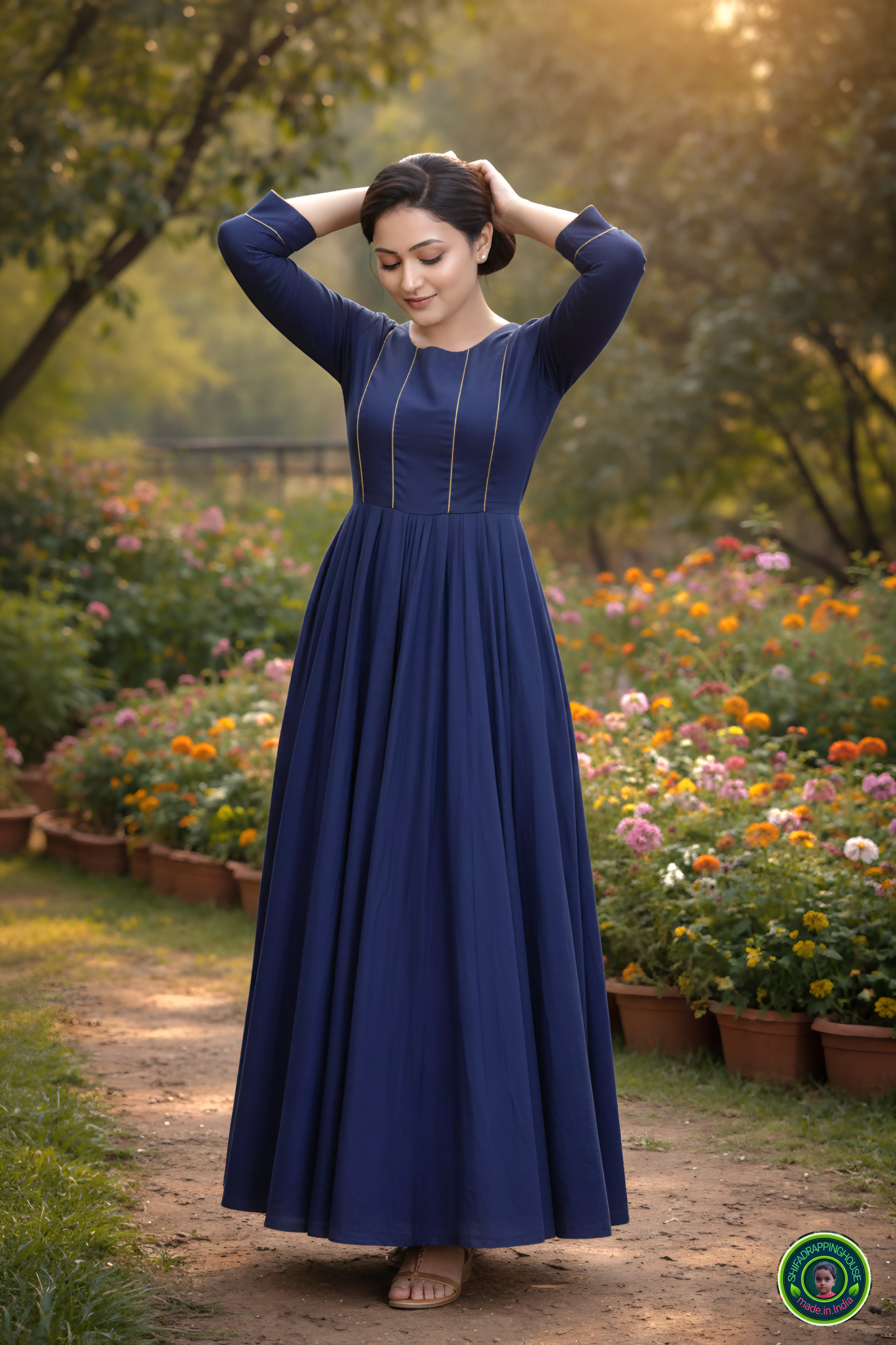 Elegant Indigo Denim Maxi Gown – Minimalist Princes Line Design with Gold Piping