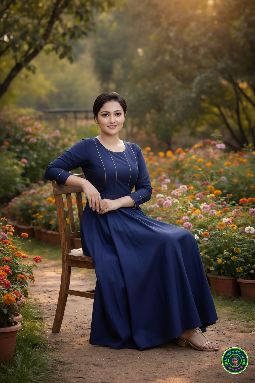 Elegant Indigo Denim Maxi Gown – Minimalist Princes Line Design with Gold Piping