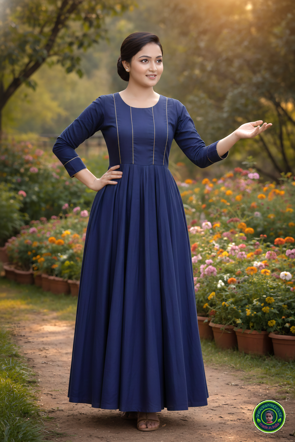 Elegant Indigo Denim Maxi Gown – Minimalist Princes Line Design with Gold Piping