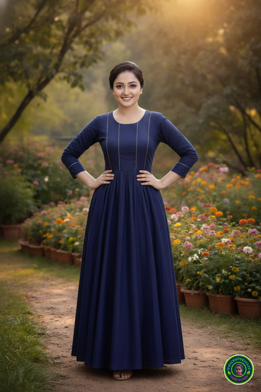 Elegant Indigo Denim Maxi Gown – Minimalist Princes Line Design with Gold Piping