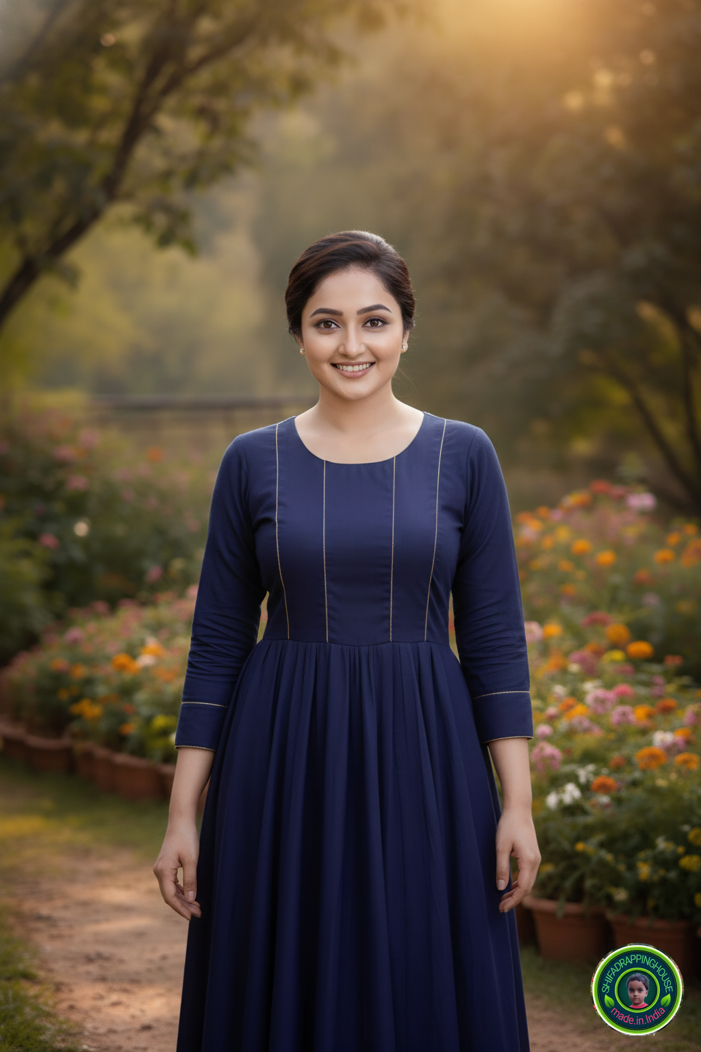 Elegant Indigo Denim Maxi Gown – Minimalist Princes Line Design with Gold Piping