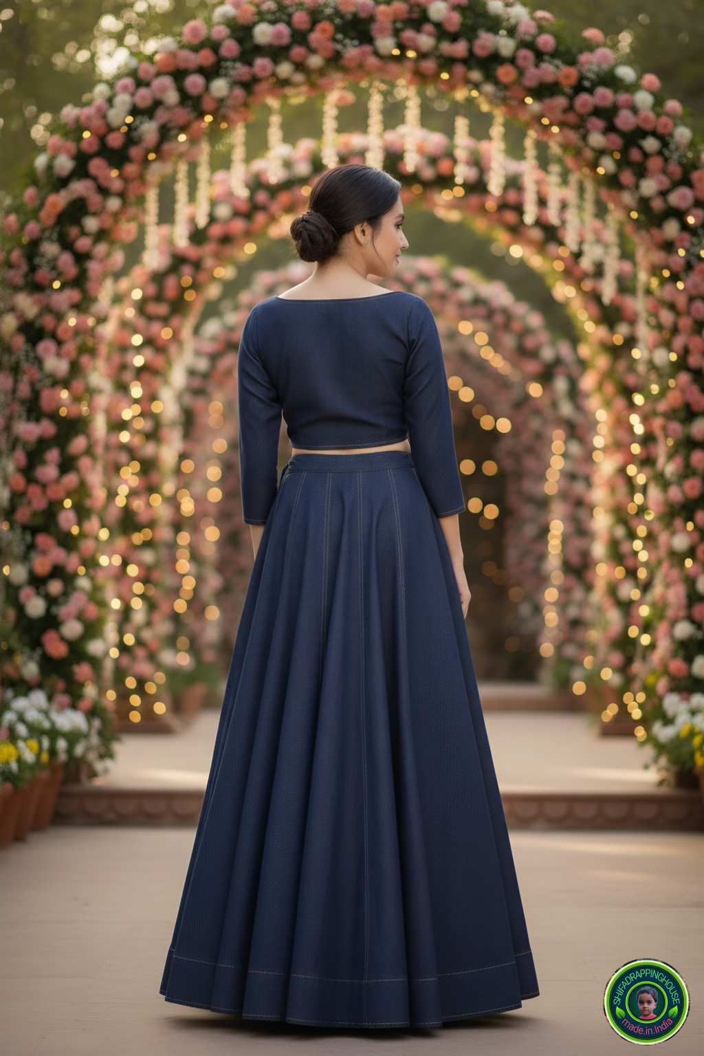 Modern Denim Fusion Lehenga Choli Set – Golden Stitch Detailing & Boat Neck Padded Blouse