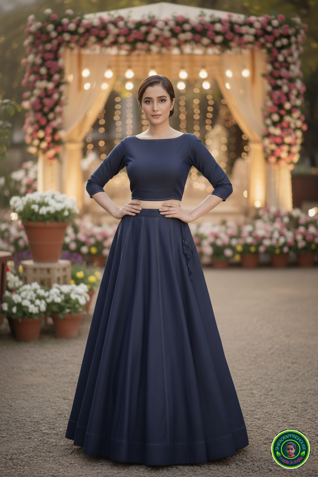 Modern Denim Fusion Lehenga Choli Set – Golden Stitch Detailing & Boat Neck Padded Blouse