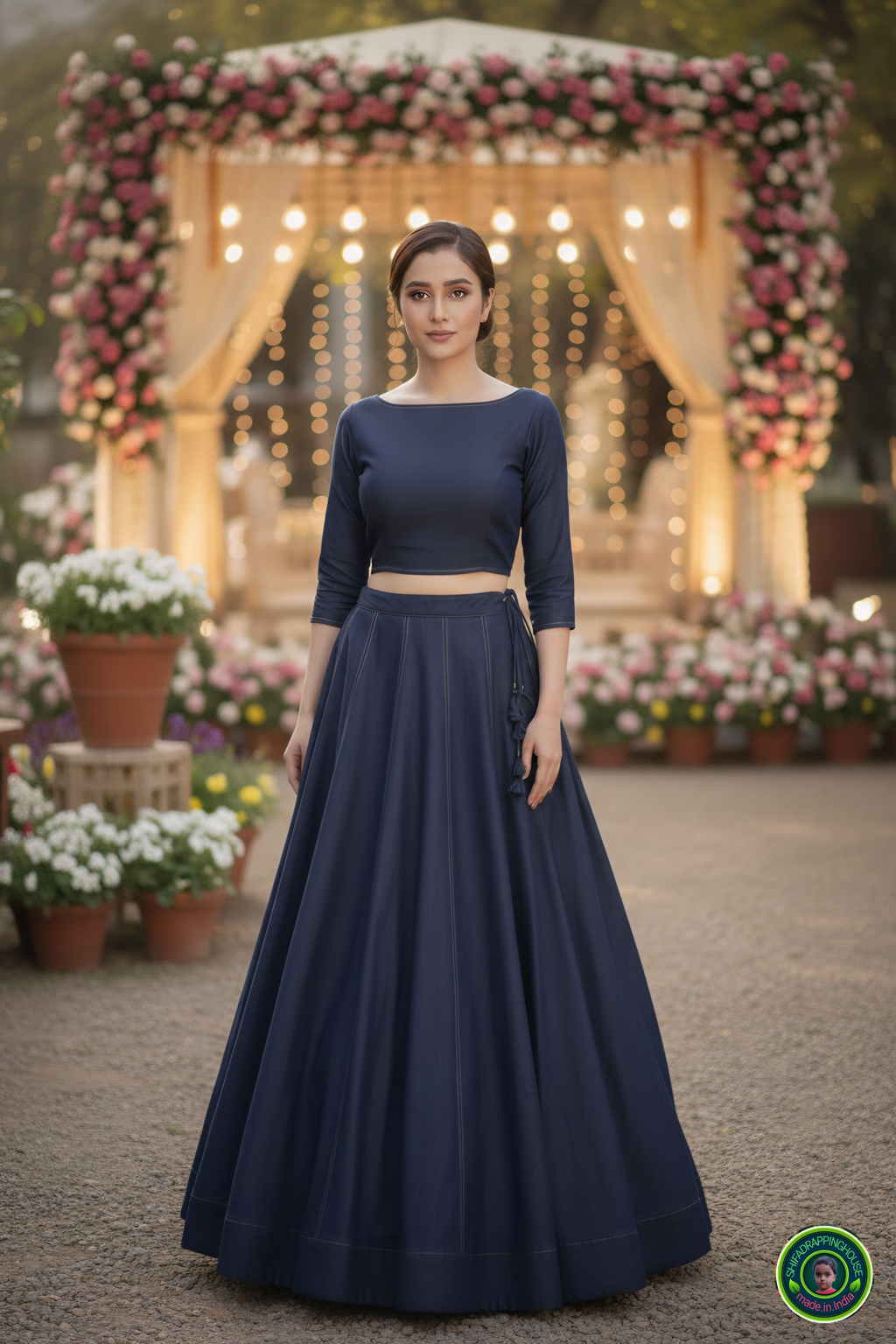 Modern Denim Fusion Lehenga Choli Set – Golden Stitch Detailing & Boat Neck Padded Blouse
