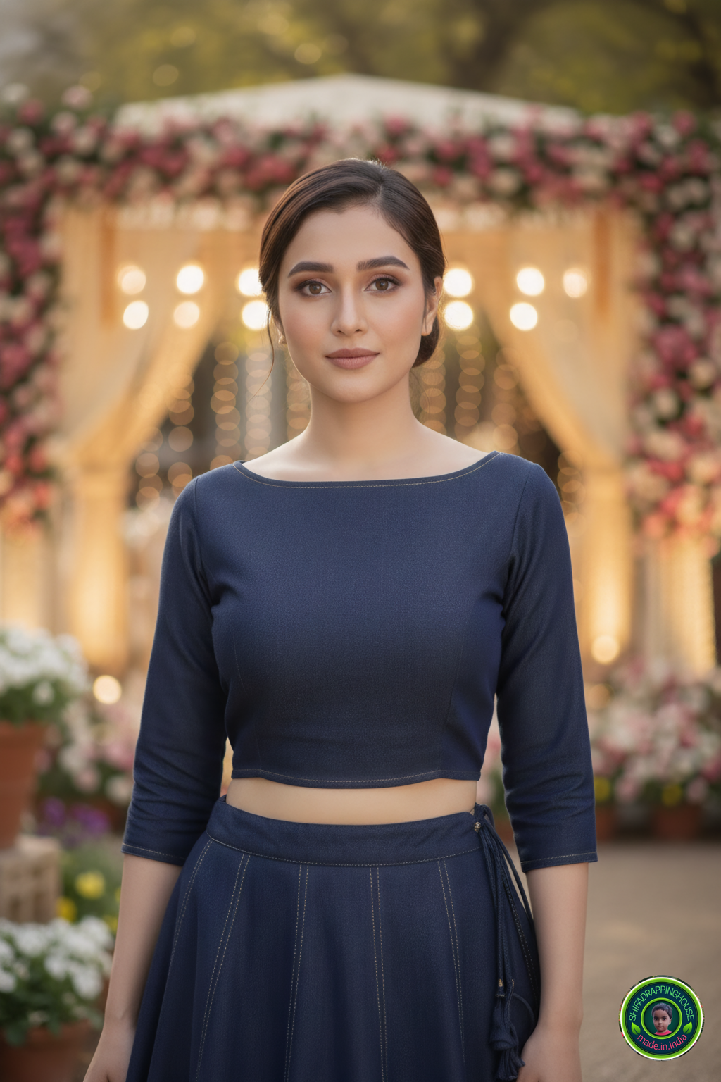 Modern Denim Fusion Lehenga Choli Set – Golden Stitch Detailing & Boat Neck Padded Blouse