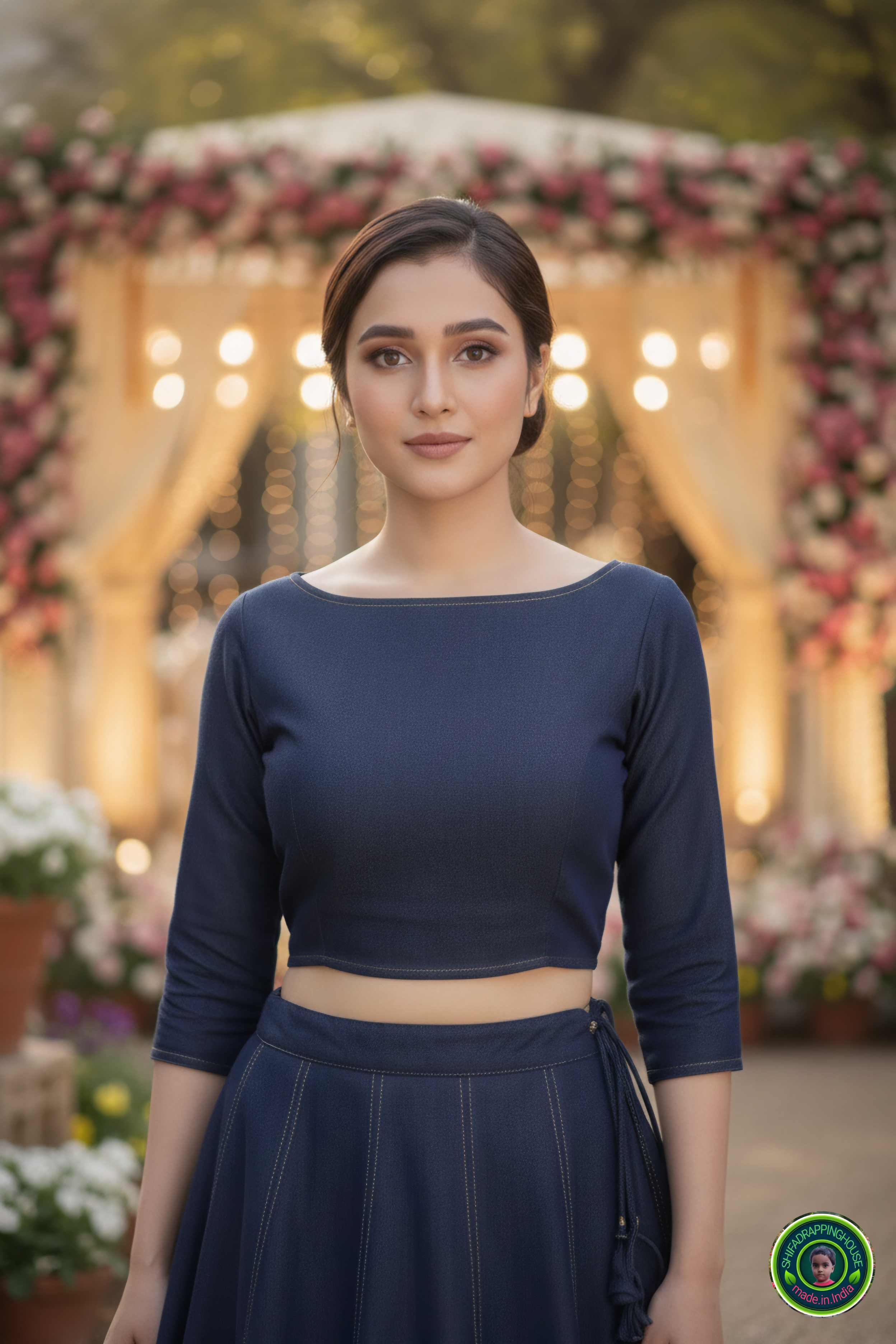 Modern Denim Fusion Lehenga Choli Set – Golden Stitch Detailing & Boat Neck Padded Blouse