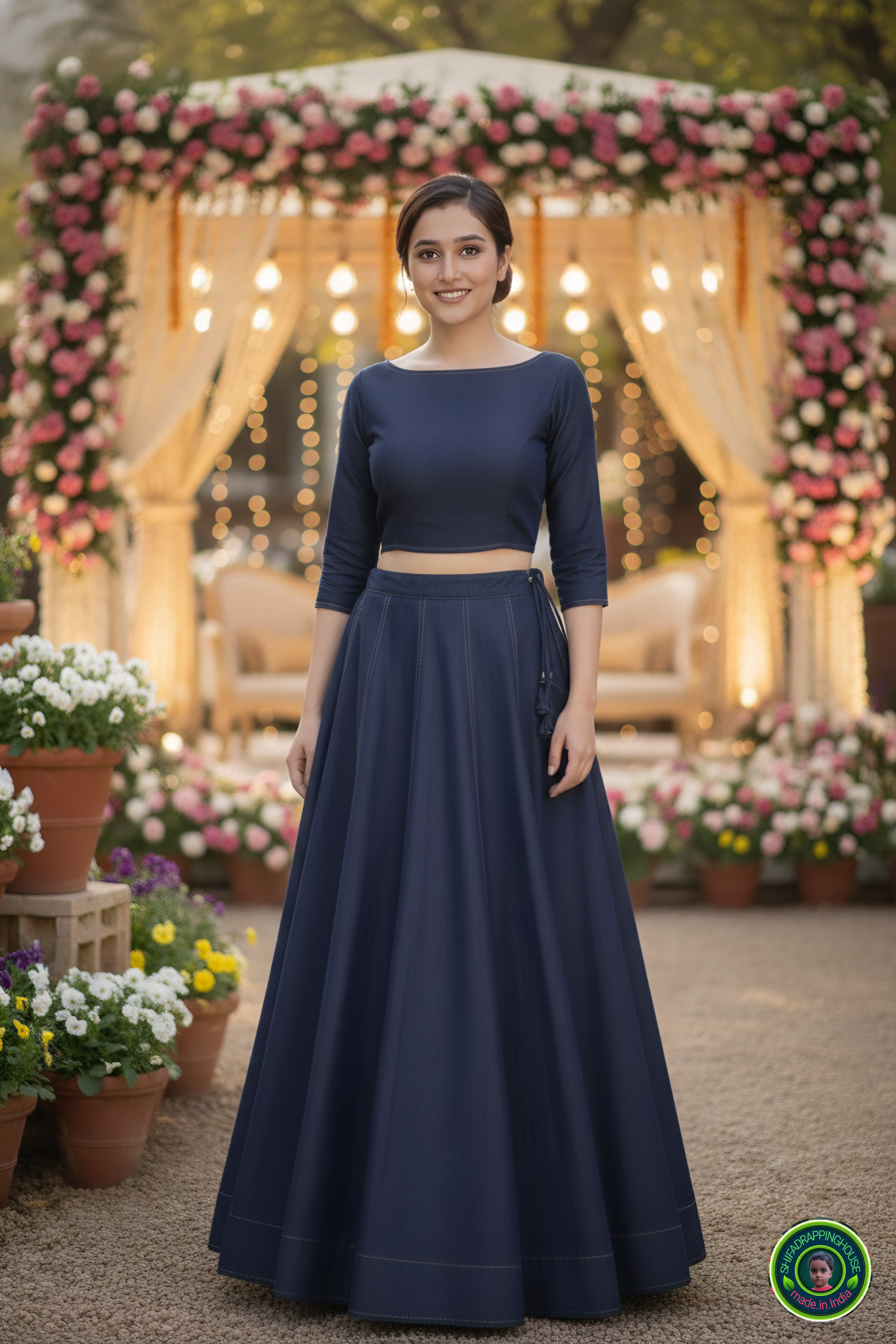 Modern Denim Fusion Lehenga Choli Set – Golden Stitch Detailing & Boat Neck Padded Blouse
