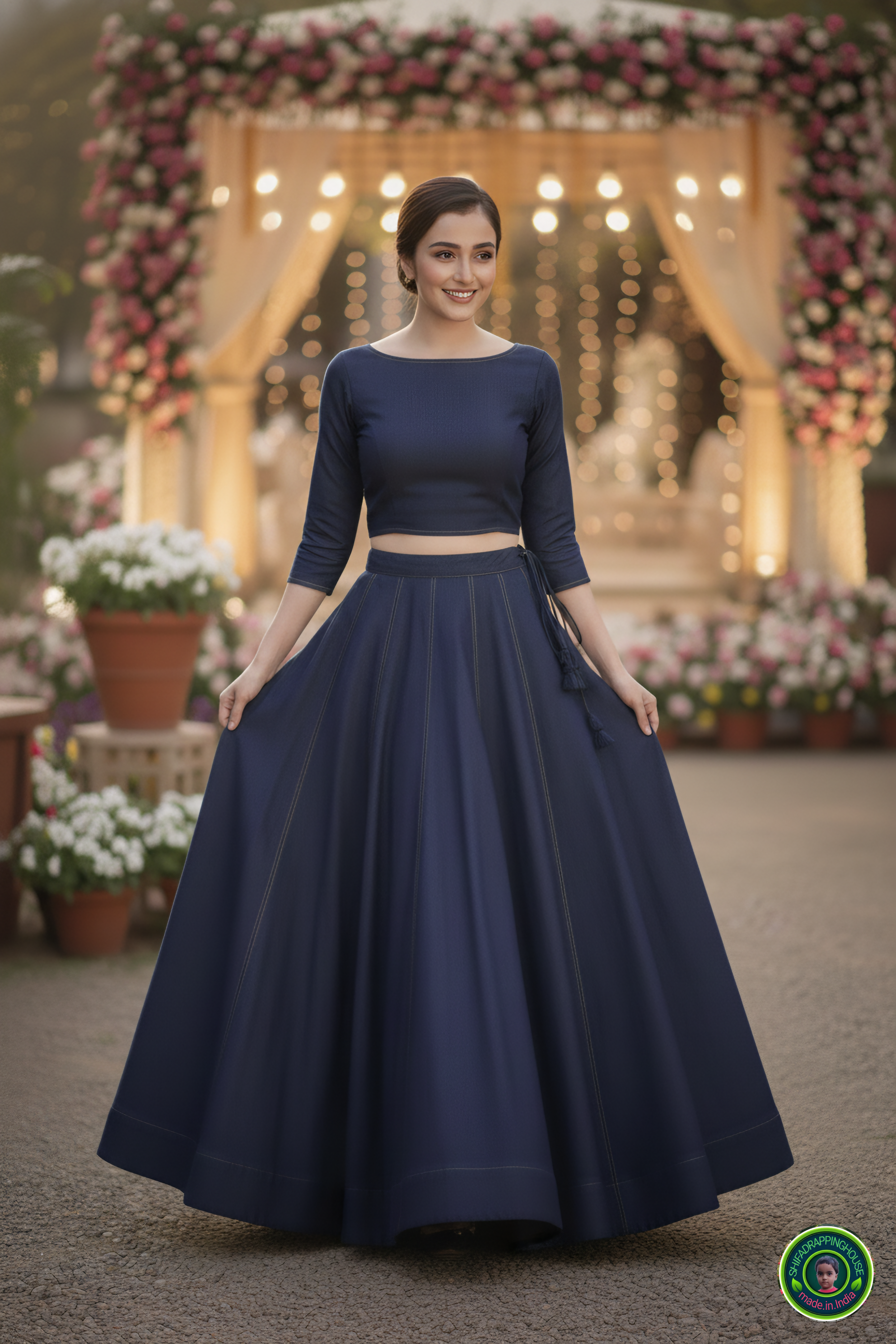 Modern Denim Fusion Lehenga Choli Set – Golden Stitch Detailing & Boat Neck Padded Blouse