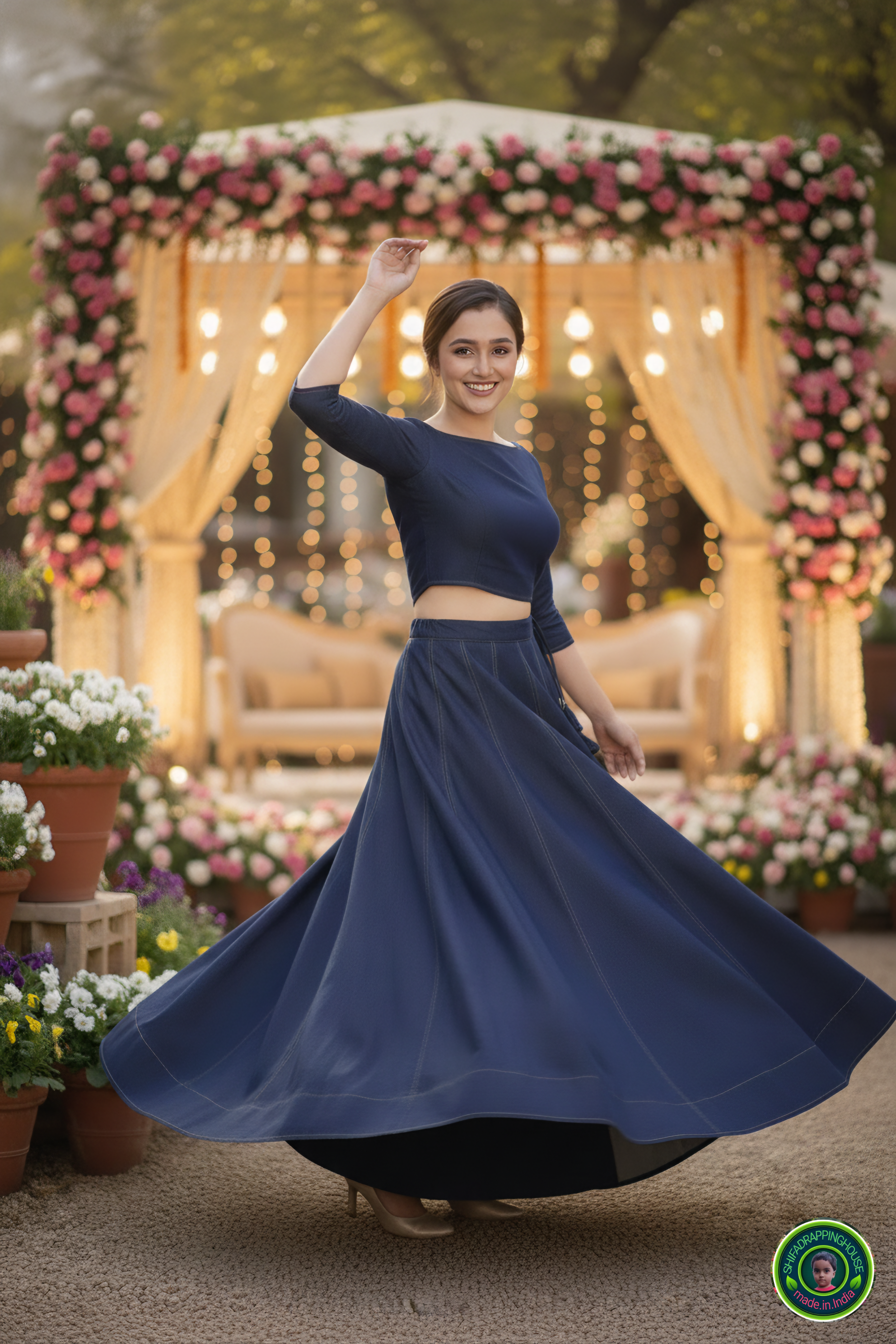 Modern Denim Fusion Lehenga Choli Set – Golden Stitch Detailing & Boat Neck Padded Blouse