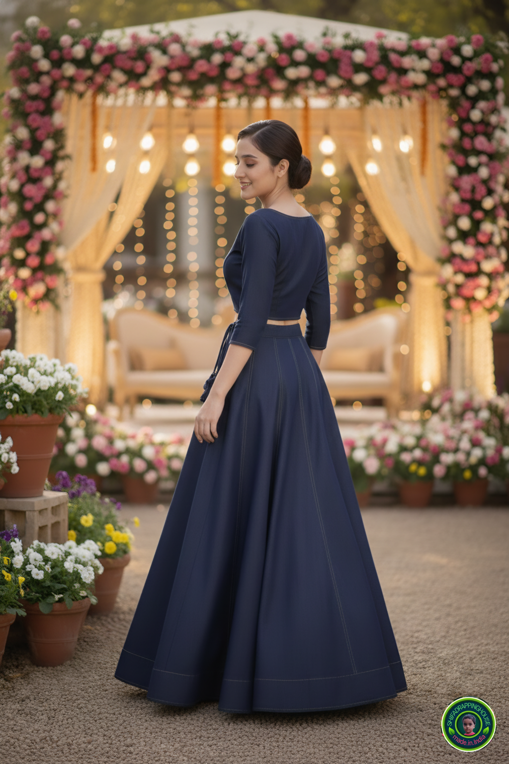 Modern Denim Fusion Lehenga Choli Set – Golden Stitch Detailing & Boat Neck Padded Blouse