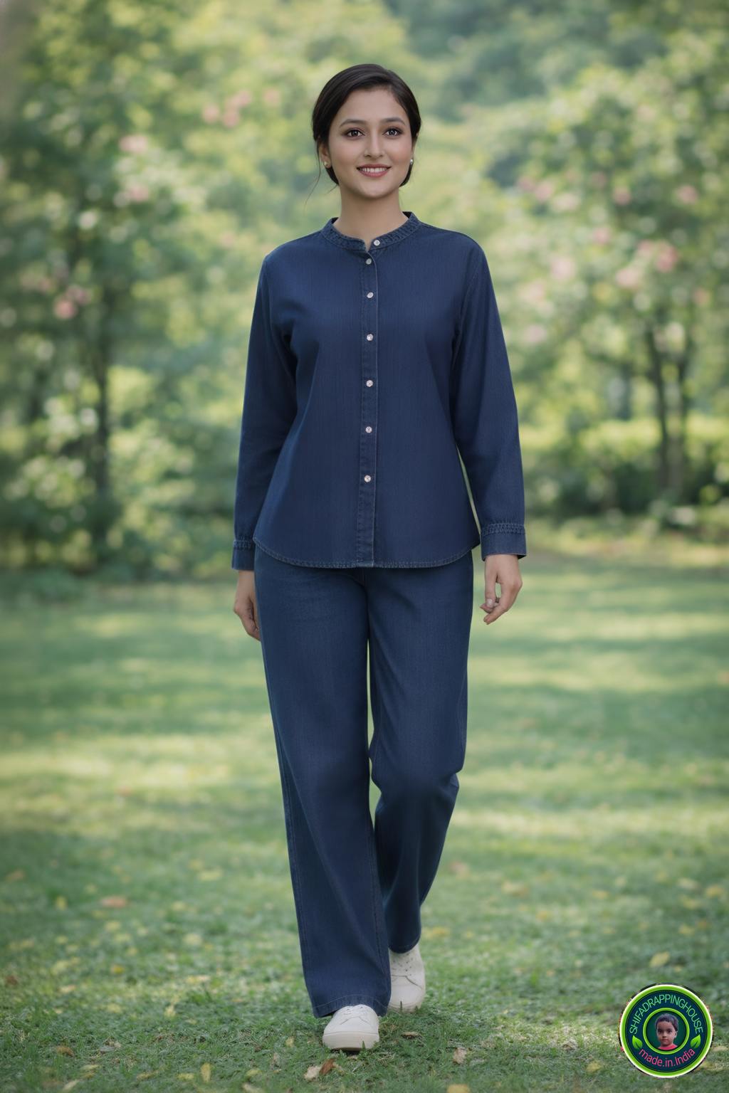 Premium Soft Denim Chinese Collar Shirt with Pearl White Buttons – Shifa Drapping House Exclusive