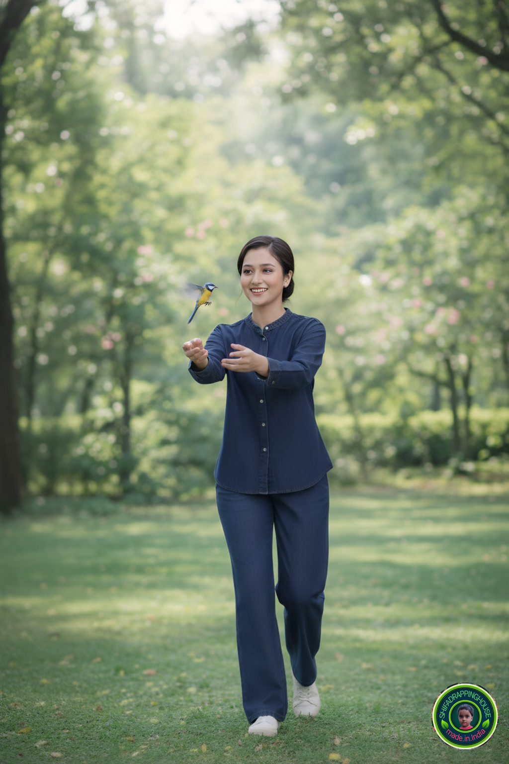 Premium Soft Denim Chinese Collar Shirt with Pearl White Buttons – Shifa Drapping House Exclusive