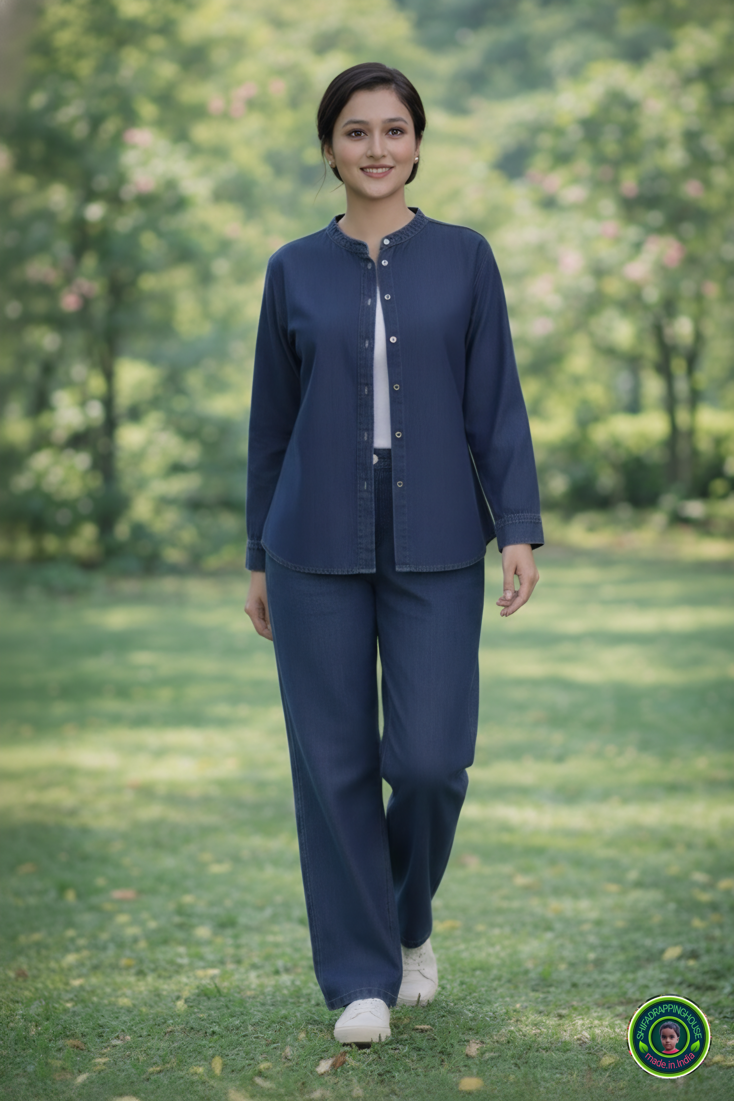 Premium Soft Denim Chinese Collar Shirt with Pearl White Buttons – Shifa Drapping House Exclusive