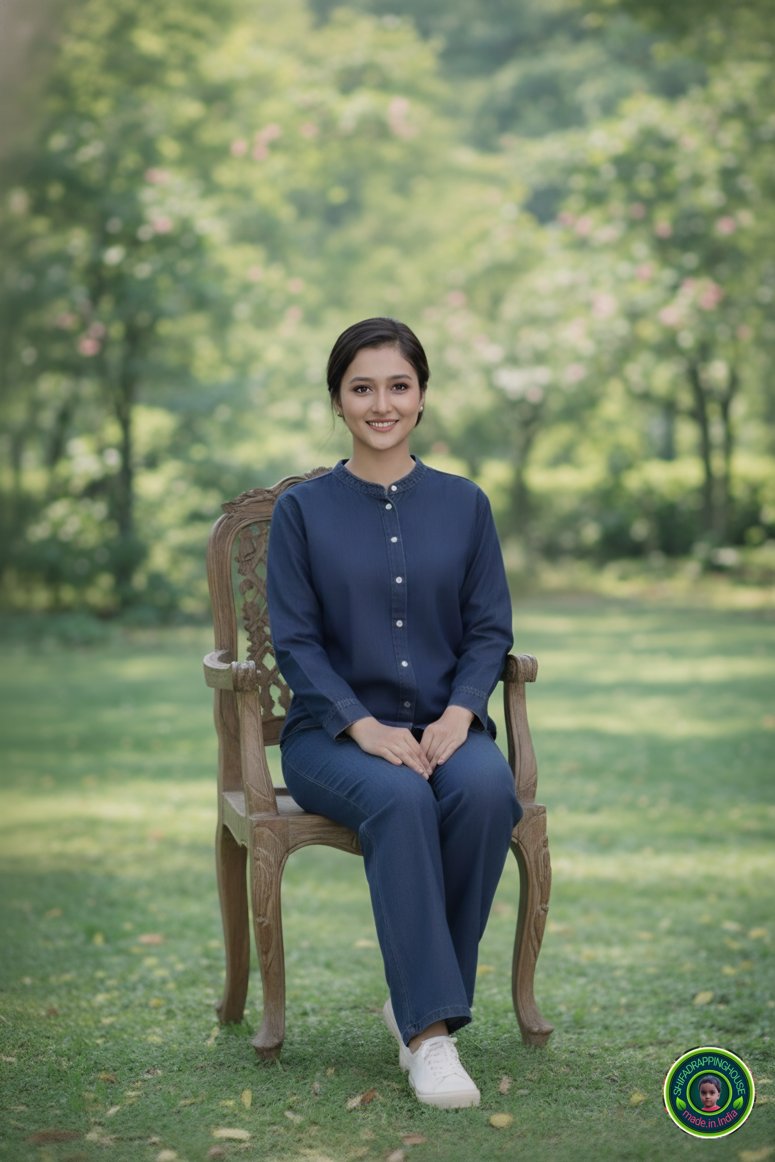 Premium Soft Denim Chinese Collar Shirt with Pearl White Buttons – Shifa Drapping House Exclusive