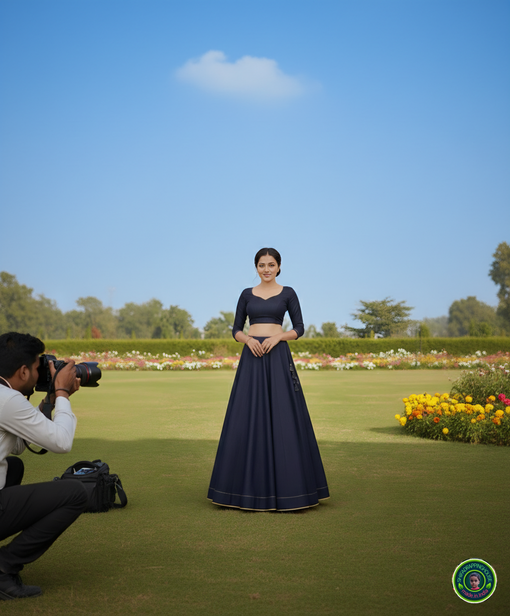 Signature Indo-Western Soft Denim Lehenga Set – Pearl & Gold Edition