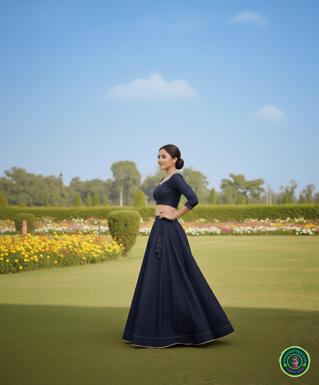 Signature Indo-Western Soft Denim Lehenga Set – Pearl & Gold Edition