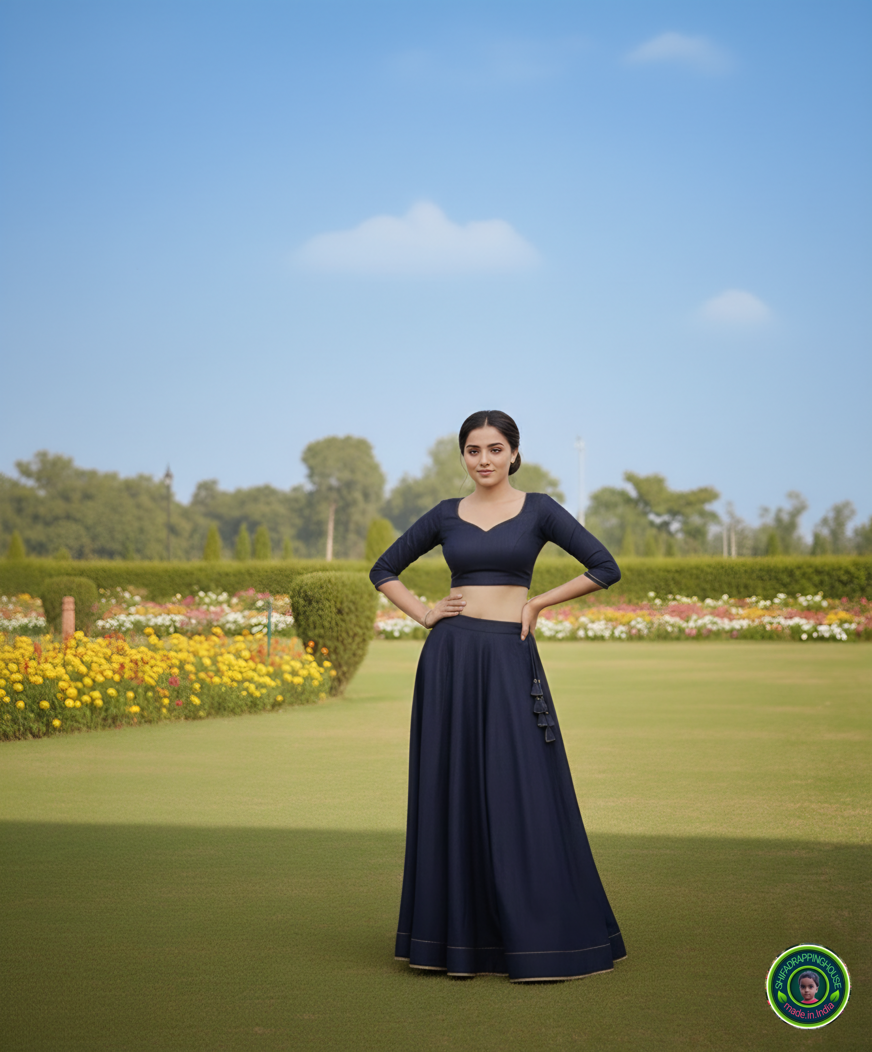 Signature Indo-Western Soft Denim Lehenga Set – Pearl & Gold Edition