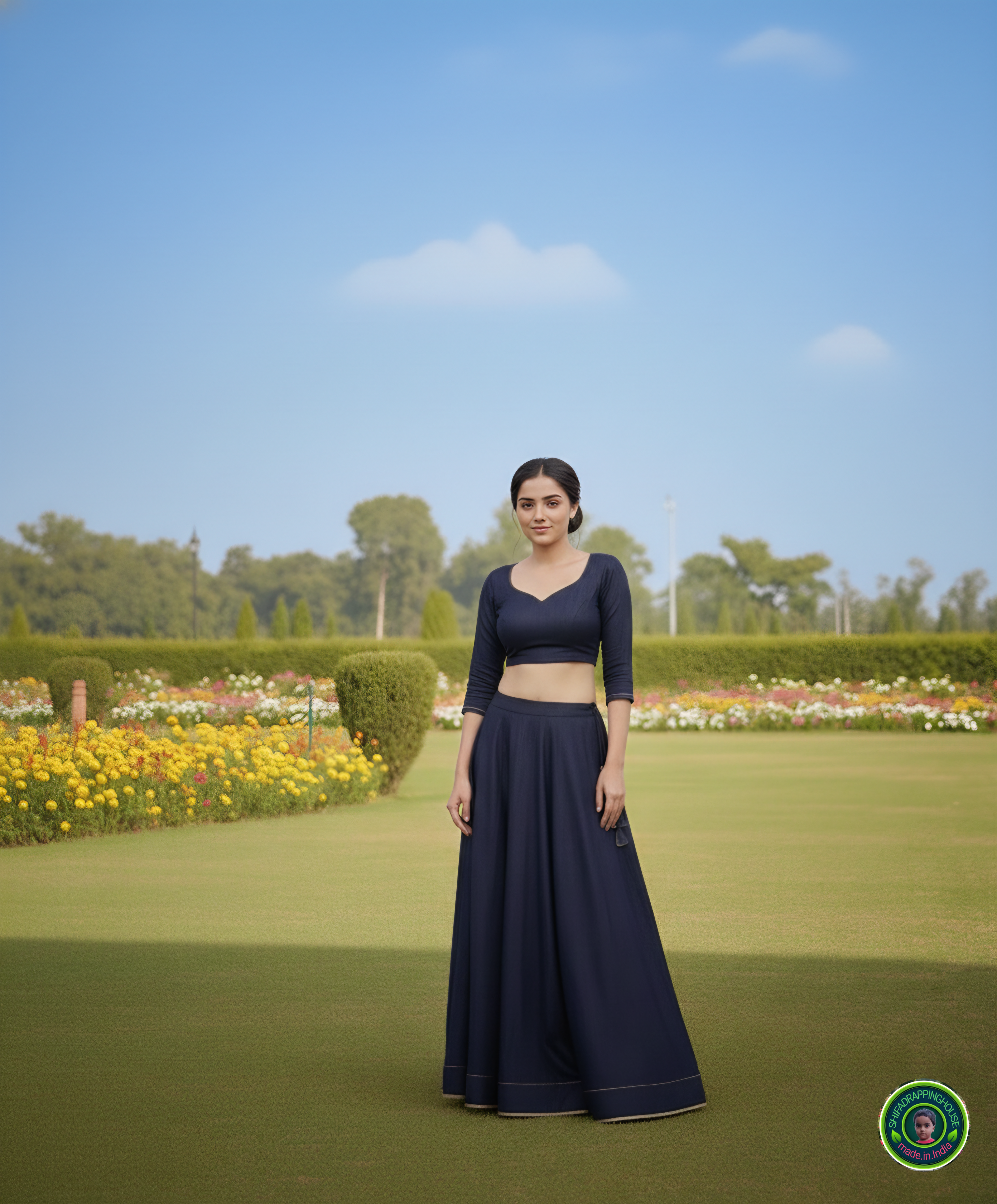 Signature Indo-Western Soft Denim Lehenga Set – Pearl & Gold Edition