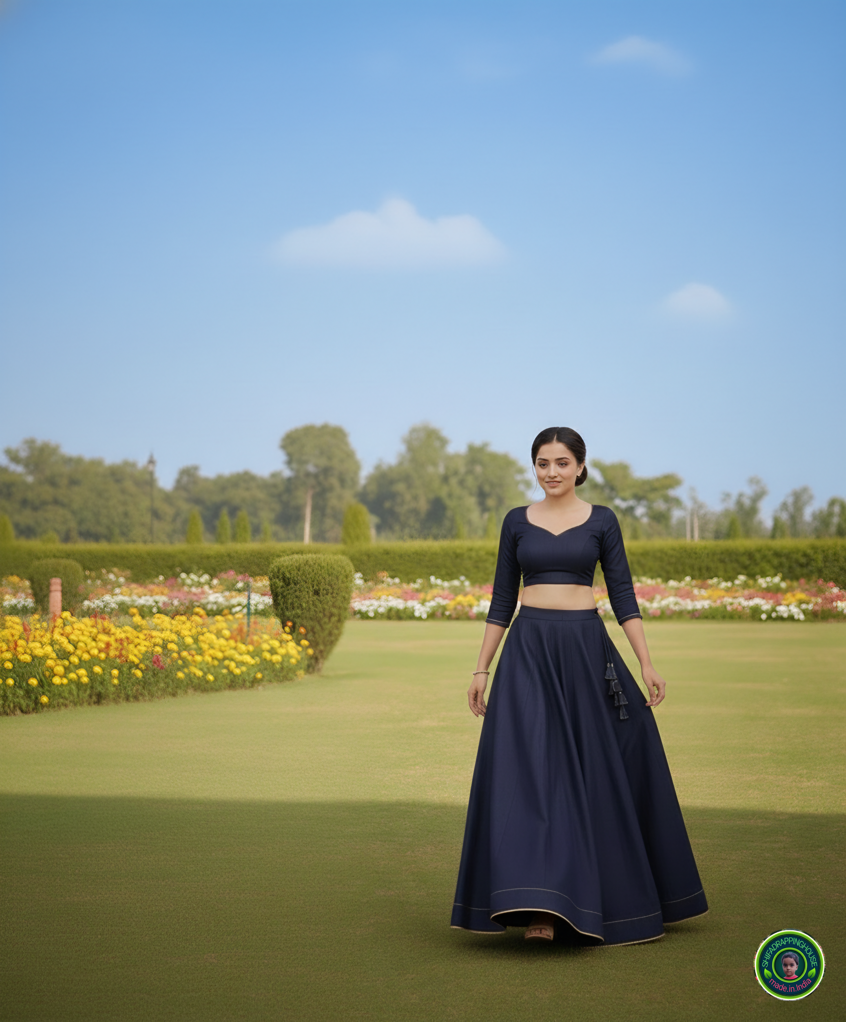 Signature Indo-Western Soft Denim Lehenga Set – Pearl & Gold Edition