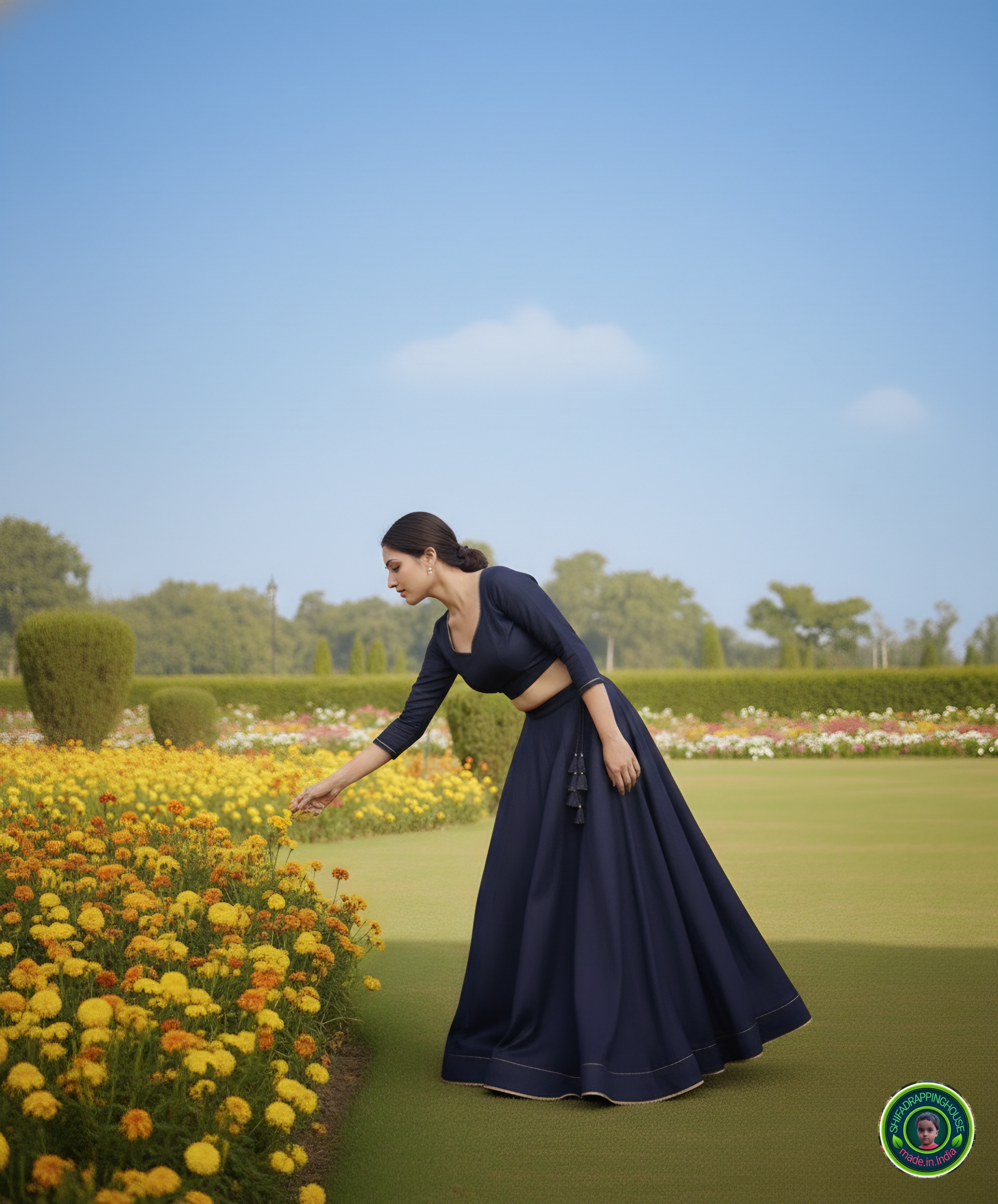 Signature Indo-Western Soft Denim Lehenga Set – Pearl & Gold Edition