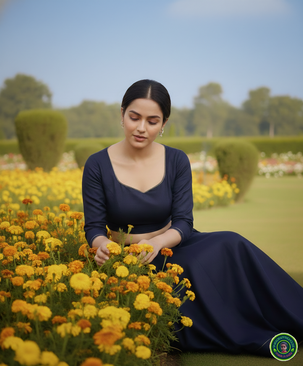 Signature Indo-Western Soft Denim Lehenga Set – Pearl & Gold Edition