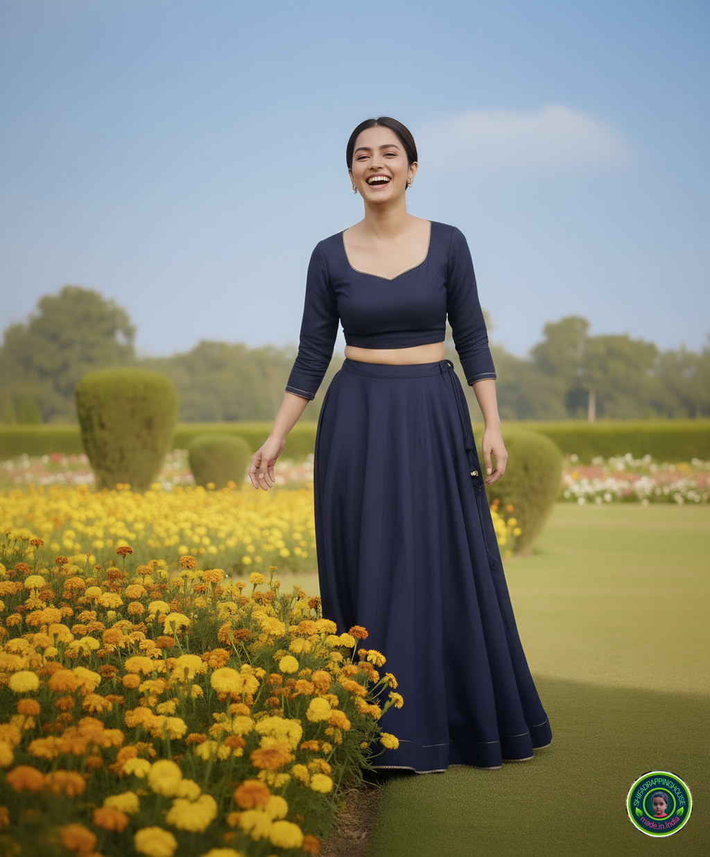 Signature Indo-Western Soft Denim Lehenga Set – Pearl & Gold Edition