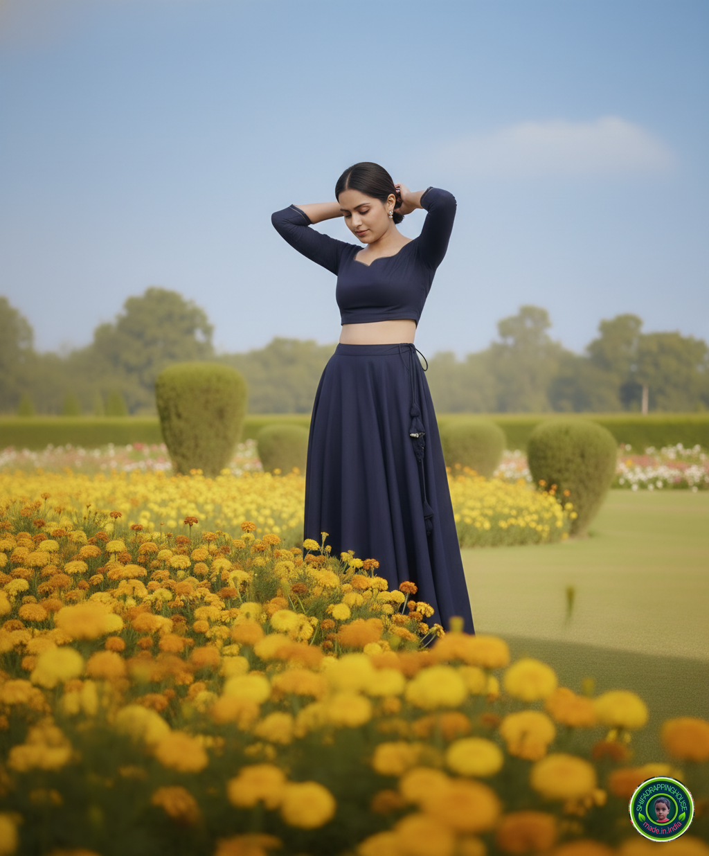Signature Indo-Western Soft Denim Lehenga Set – Pearl & Gold Edition
