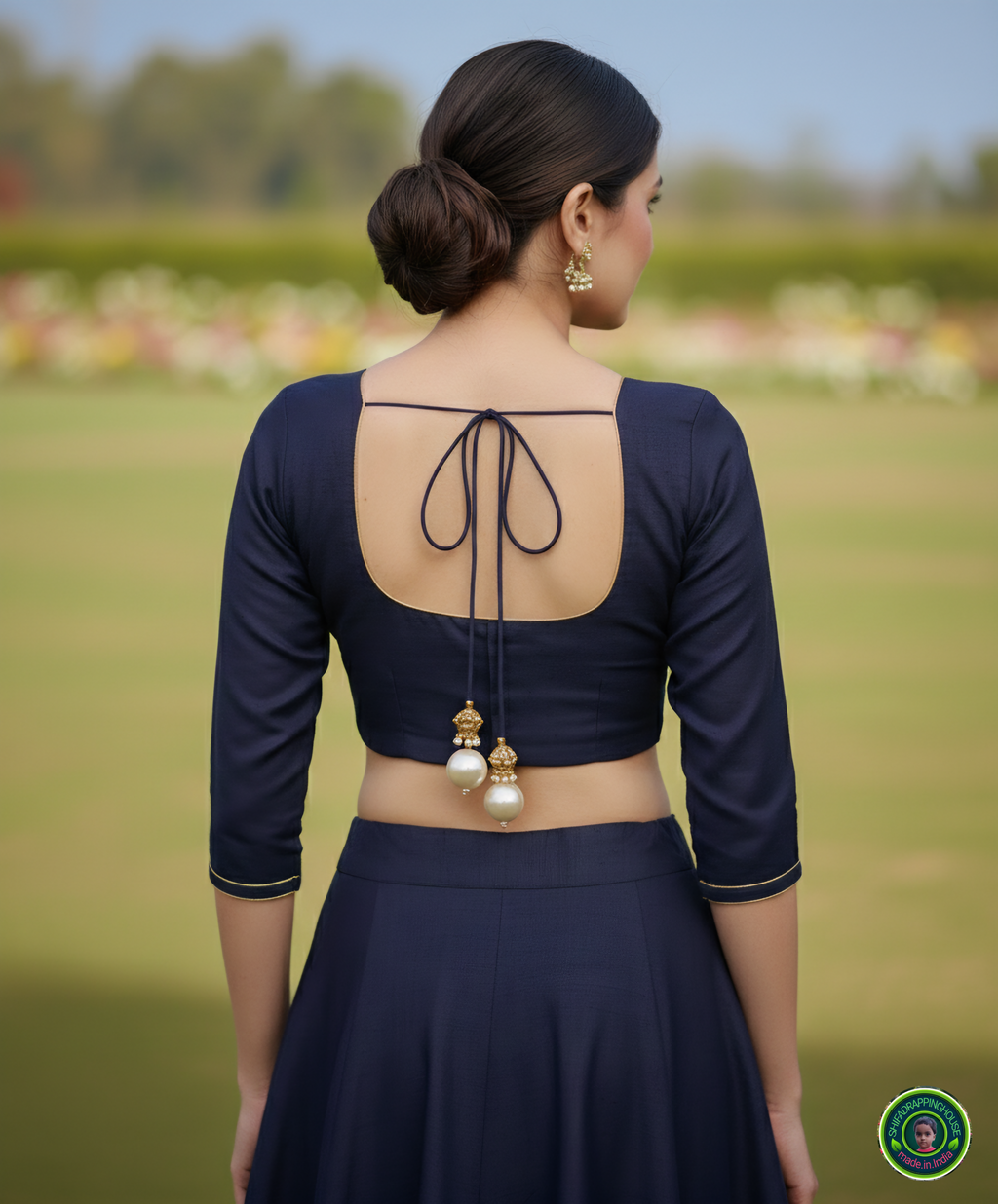 Signature Indo-Western Soft Denim Lehenga Set – Pearl & Gold Edition