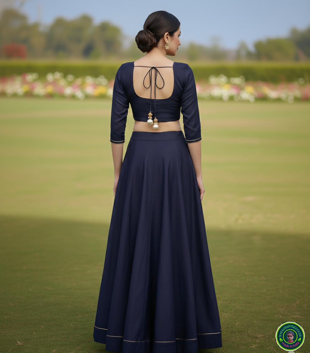 Signature Indo-Western Soft Denim Lehenga Set – Pearl & Gold Edition